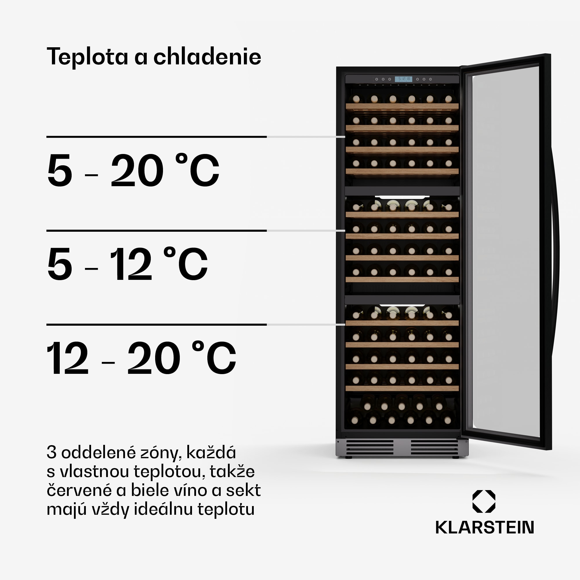 Klarstein Vinovilla Trio chladnička na víno, 143 fliaš, 3 zóny, 38 dB, 12 políc, kompresor, 413 litrov