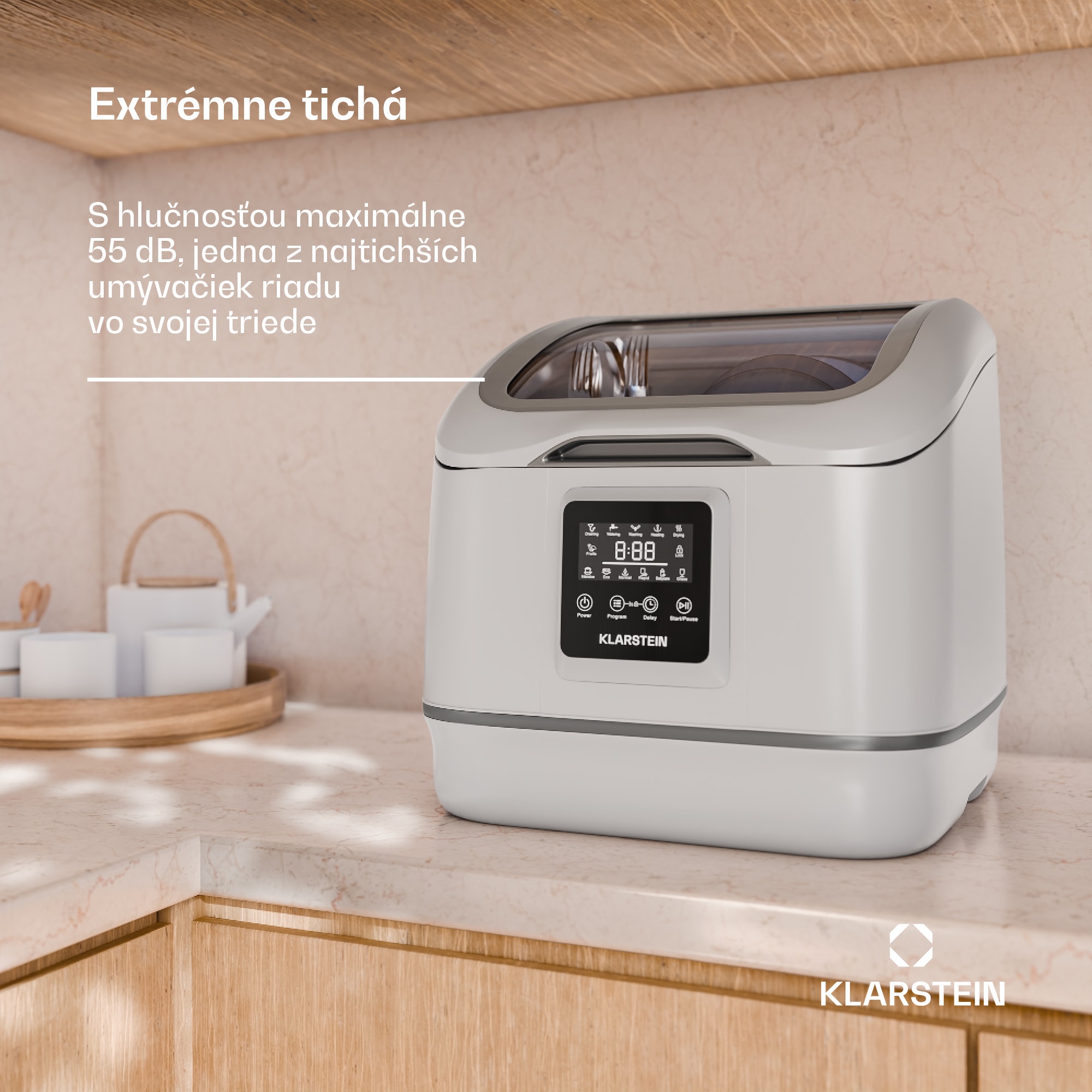 Klarstein SilentScrub umývačka riadu, prenosná, dotykový displej, 7 programov, 3 súpravy riadu, košík na príbory
