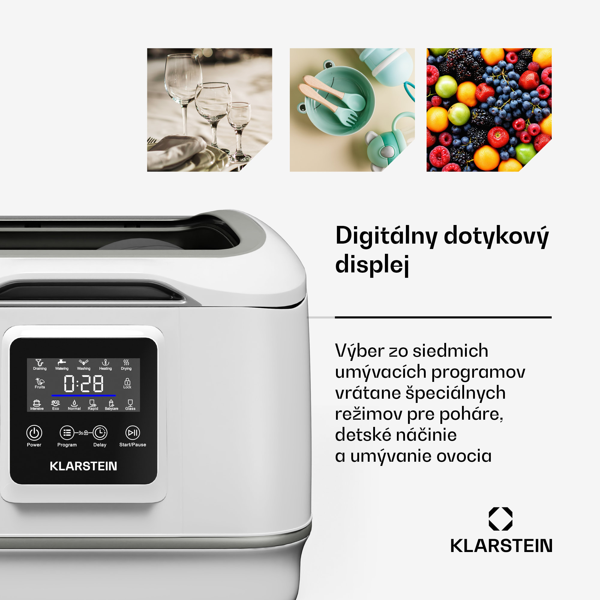 Klarstein SilentScrub umývačka riadu, prenosná, dotykový displej, 7 programov, 3 súpravy riadu, košík na príbory – Obrázok 2