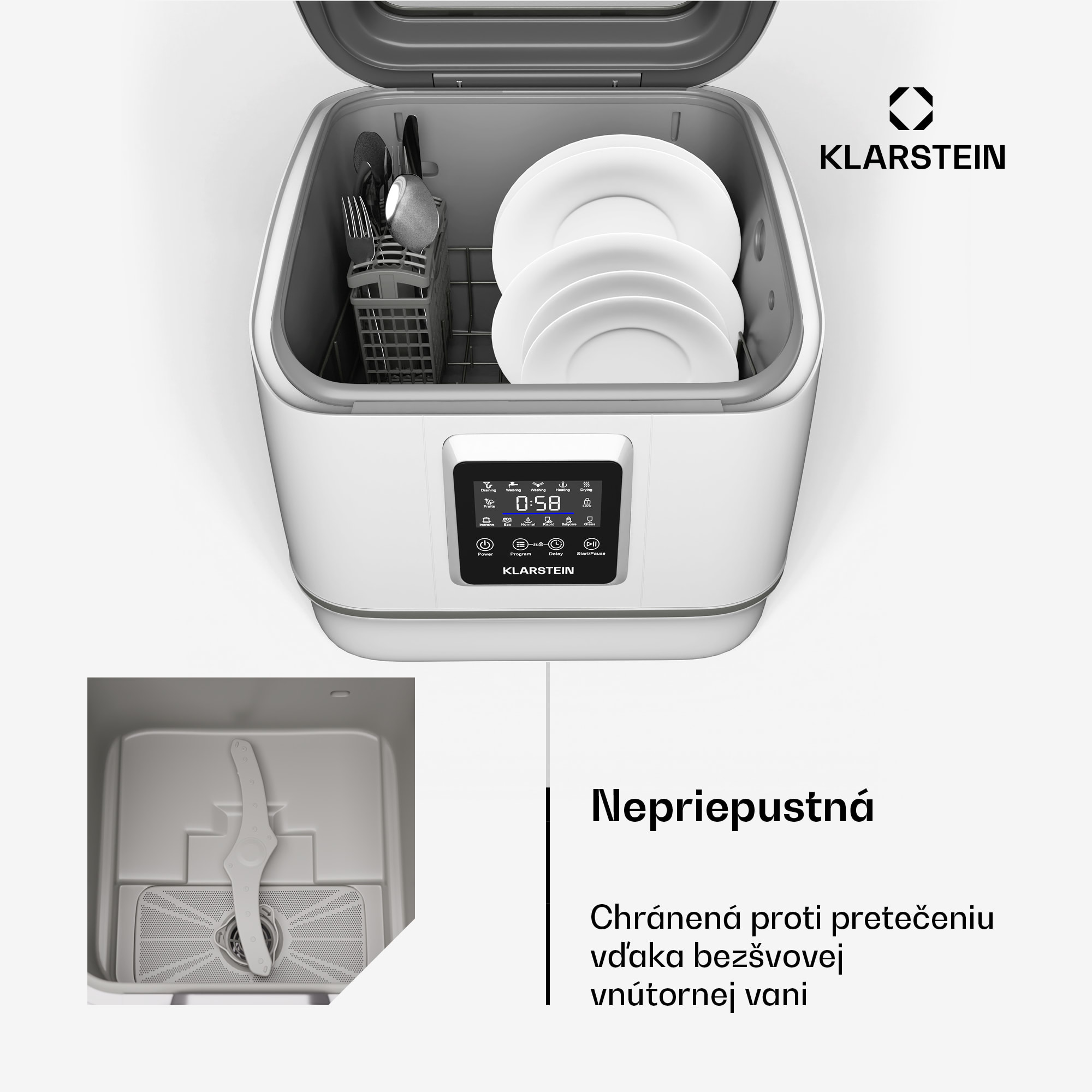 Klarstein SilentScrub umývačka riadu, prenosná, dotykový displej, 7 programov, 3 súpravy riadu, košík na príbory – Obrázok 3