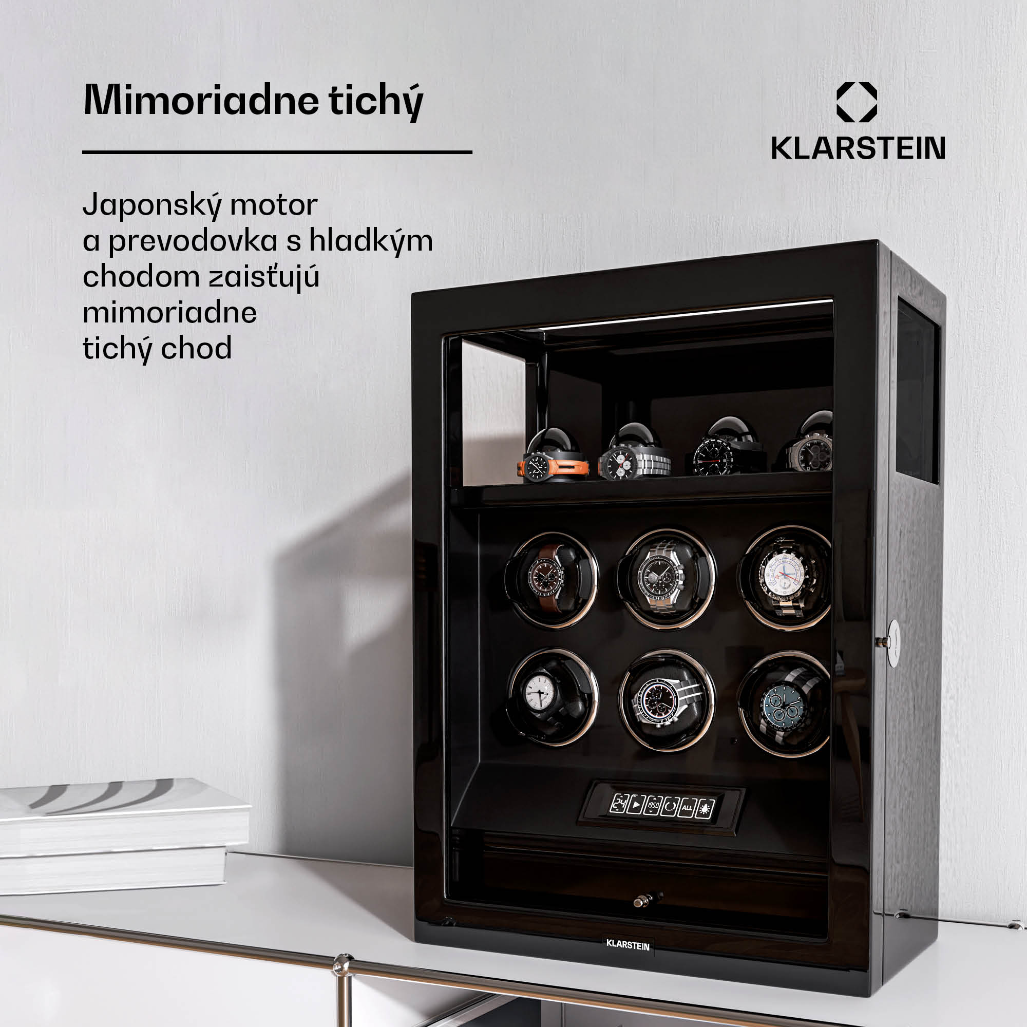 Klarstein SecureTouch naťahovač hodiniek, 6+4 hodinky, motor Mabuchi, klavírny lak, 41 režimov, zámok, LED diódy