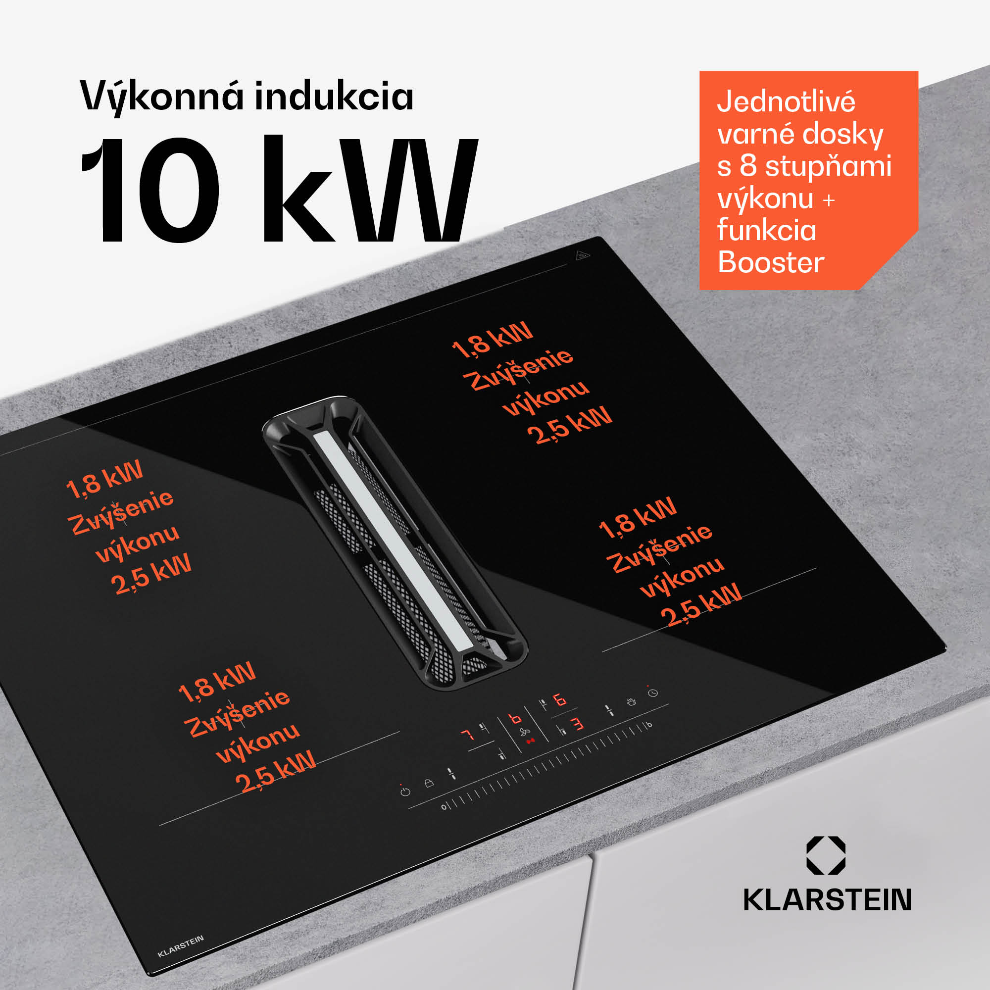 Klarstein AirJet Hybrid Down Air System, Indukčná varná doska s integrovaným digestorom, 477 m³/h, EEK A+