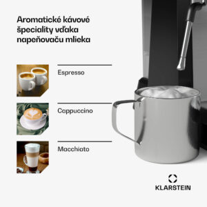 Klarstein GrandPresso pákový kávovar, precízny mlynček, parná tryska, portafilter, indikátor tlaku, 20 bar