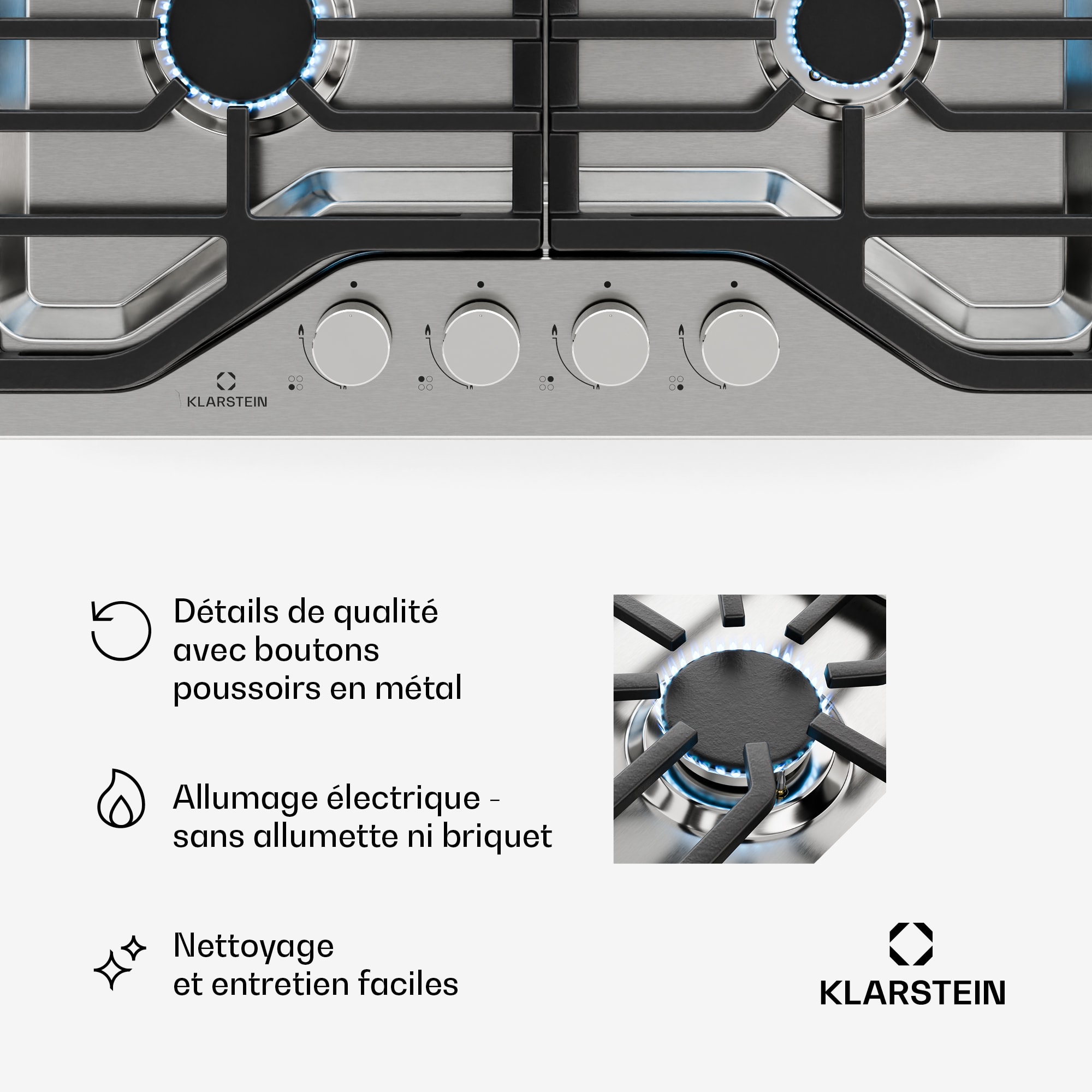 Klarstein Turbocast plynová varná doska, 304 nehrdzavejúca oceľ, 4 horáky, profesionálny liatinový držiak, horák wok