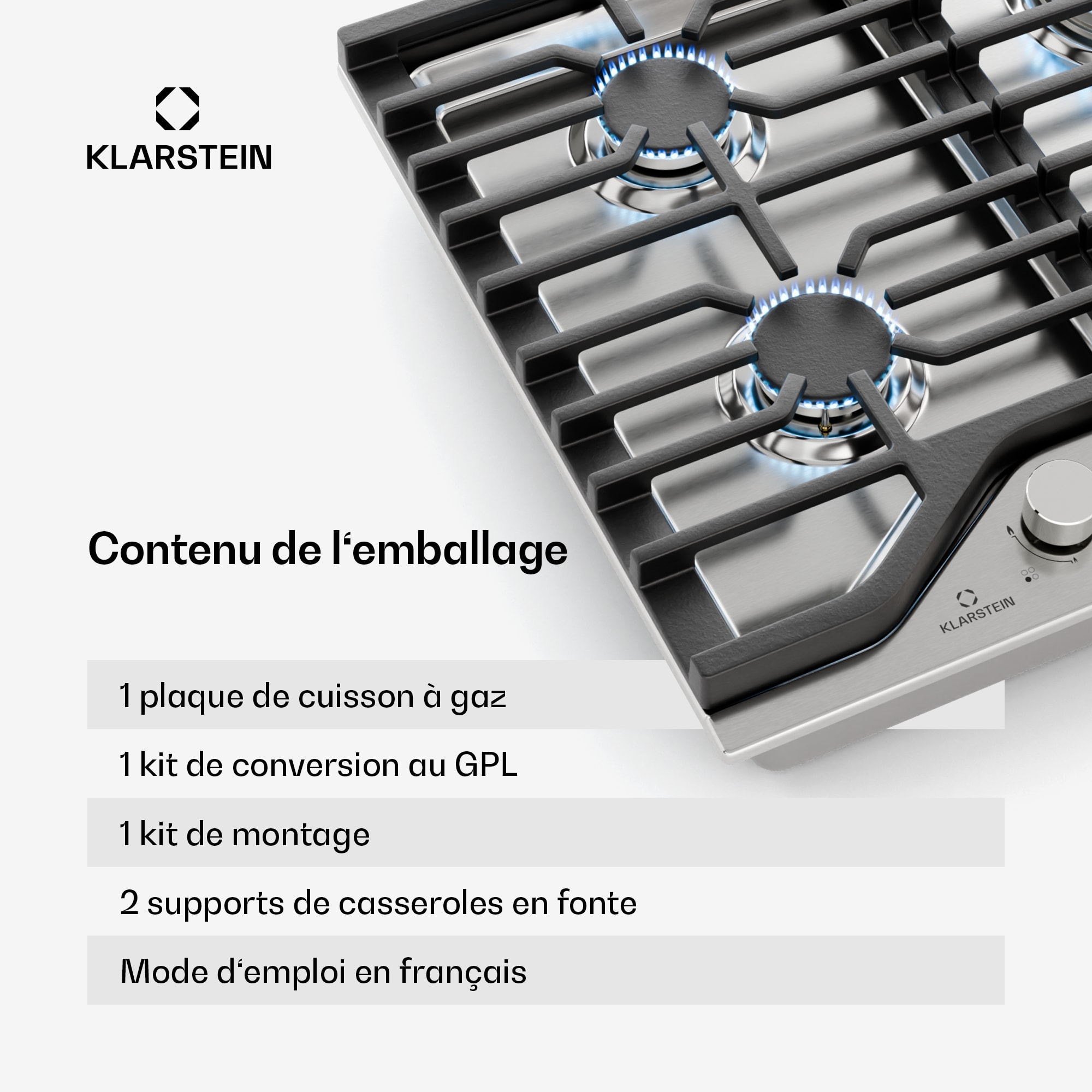 Klarstein Turbocast plynová varná doska, 304 nehrdzavejúca oceľ, 4 horáky, profesionálny liatinový držiak, horák wok – Obrázok 2
