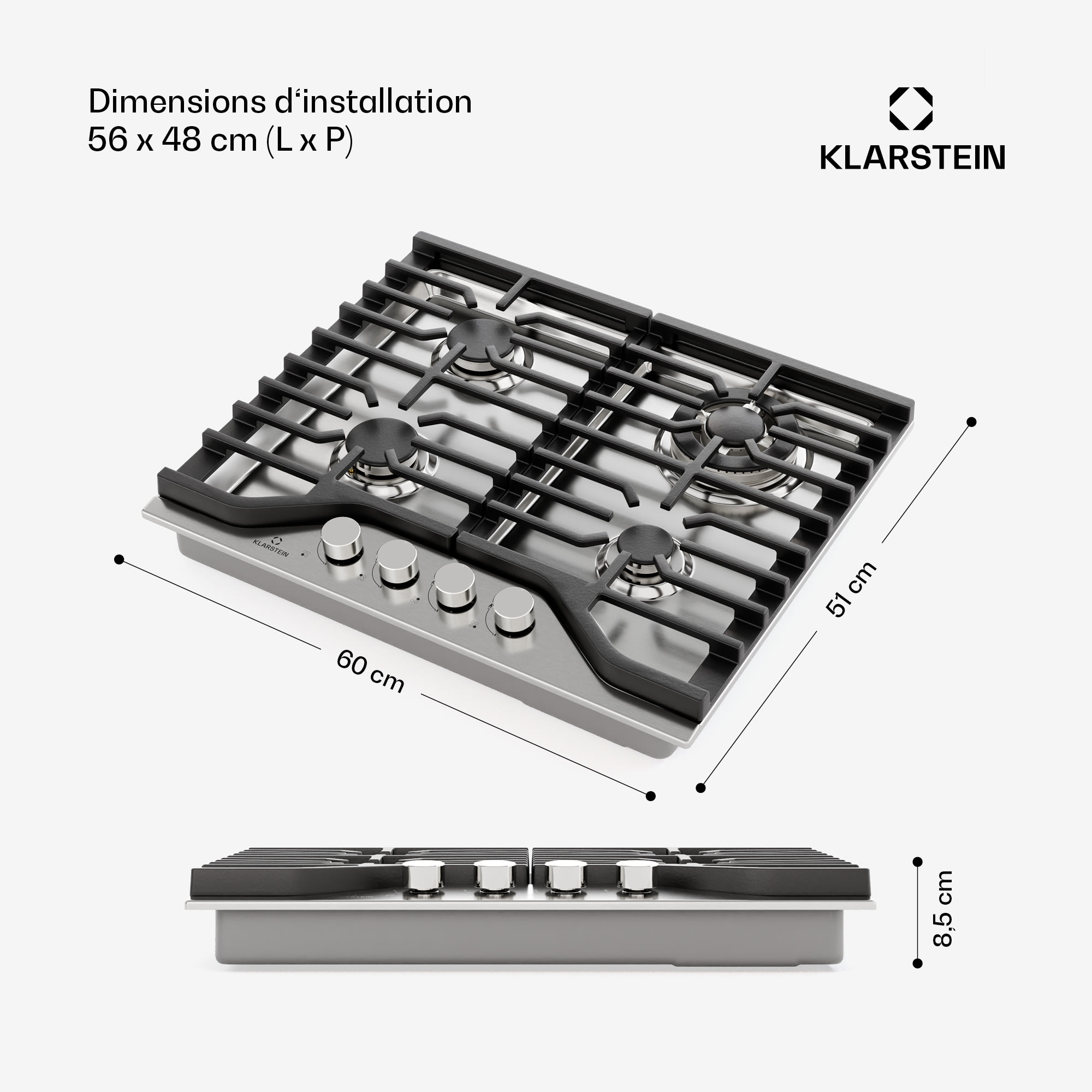 Klarstein Turbocast plynová varná doska, 304 nehrdzavejúca oceľ, 4 horáky, profesionálny liatinový držiak, horák wok – Obrázok 3