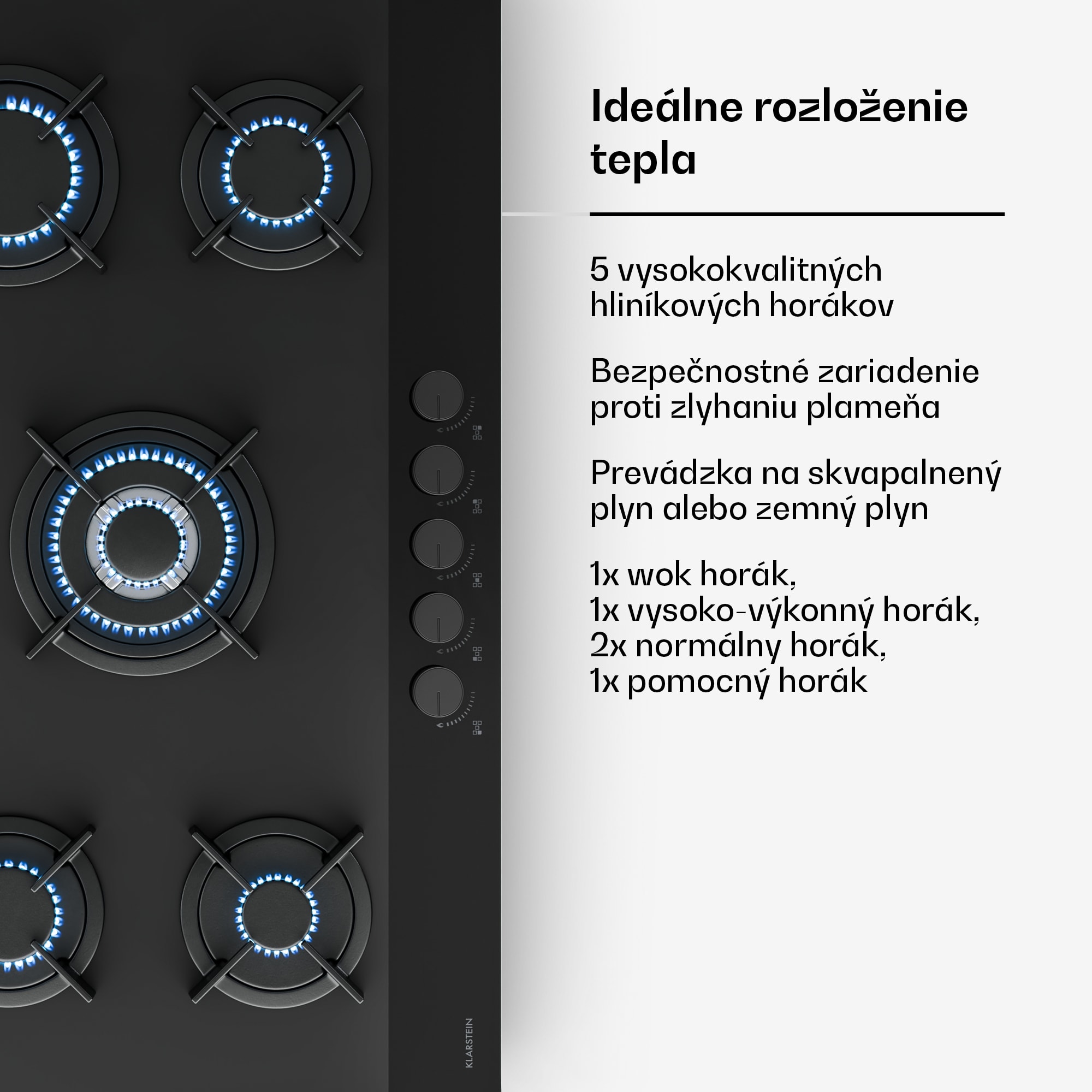 Klarstein Plynová varná doska Velaire, 5-horáková s elektrickým zapaľovaním, Kompatibilná so zemným plynom a LPG, 10400 W, 90 cm – Obrázok 2