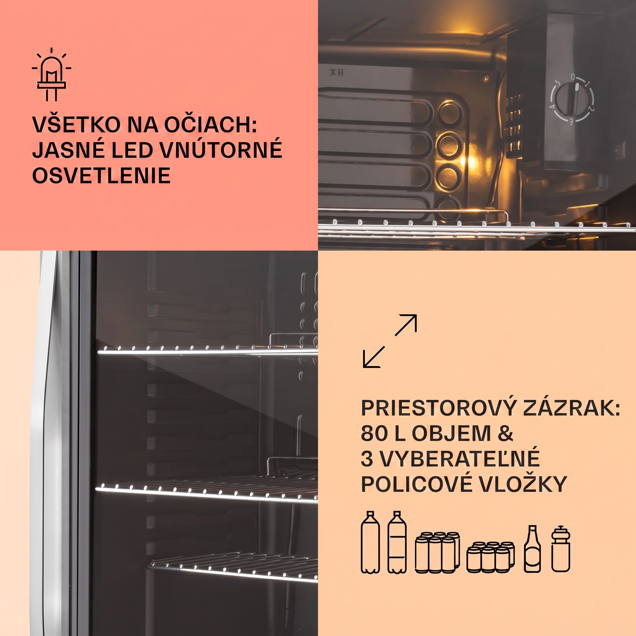 Klarstein Beersafe XXL, chladnička, 80 l, 3 police, energet. trieda E, panoramatické sklenené dvierka