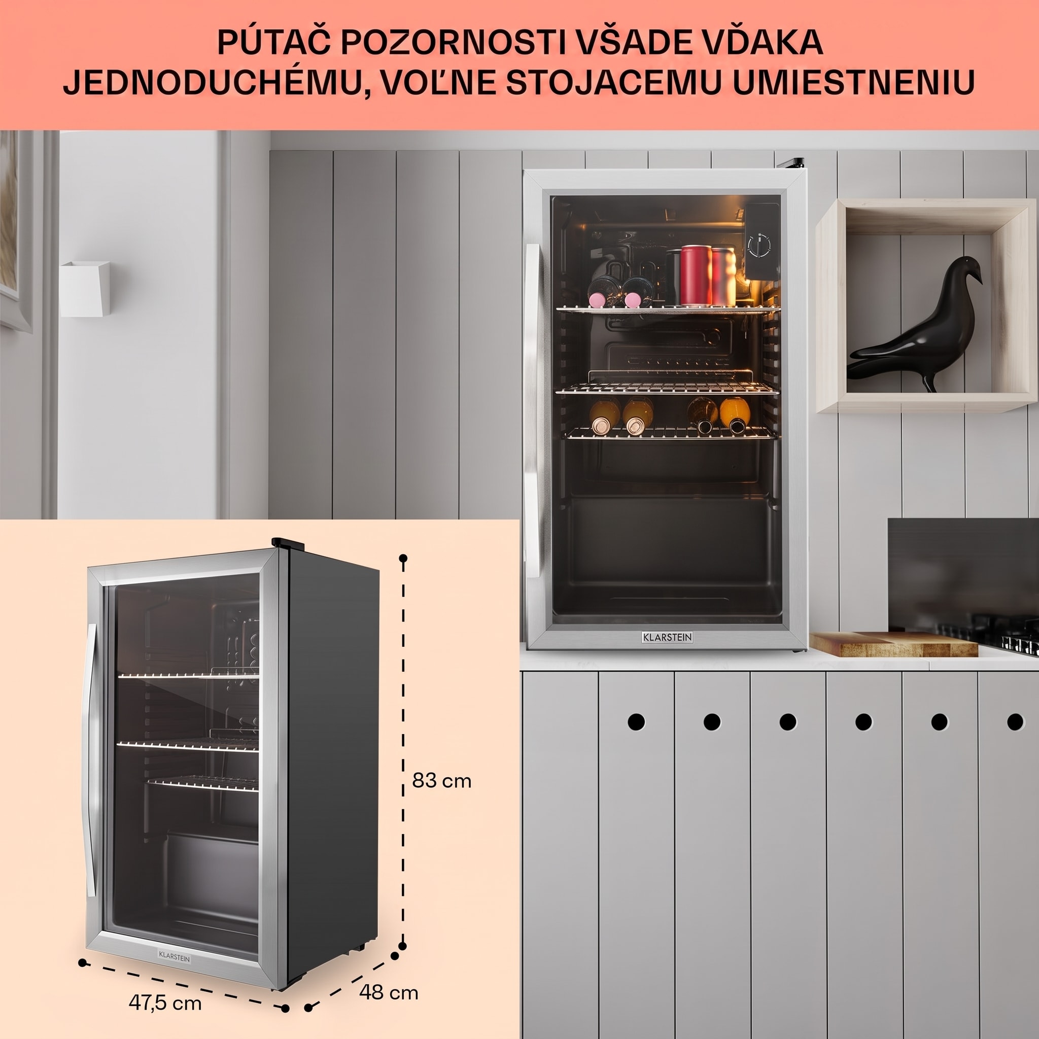 Klarstein Beersafe XXL, chladnička, 80 l, 3 police, energet. trieda E, panoramatické sklenené dvierka – Obrázok 3