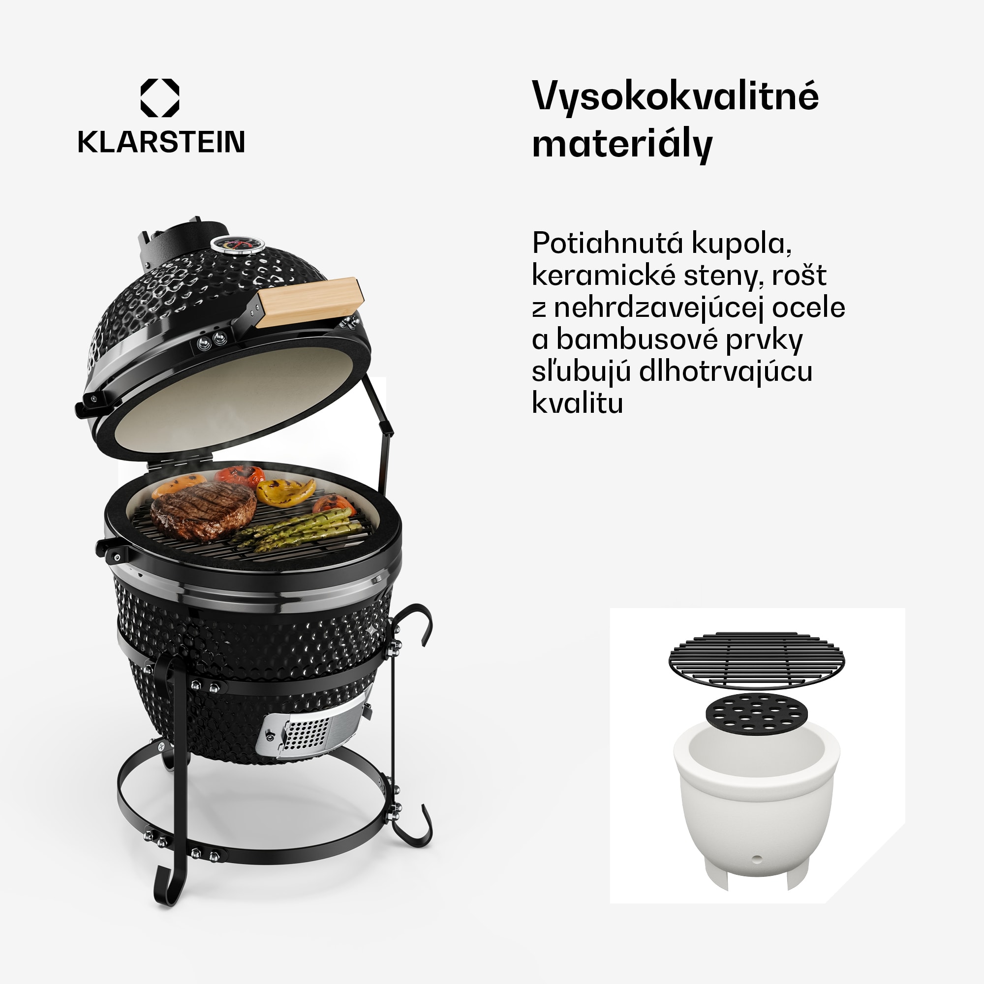 Klarstein Princesize, kamado gril, keramický, 11", údenie, BBQ, pomalé varenie, čierny – Obrázok 2