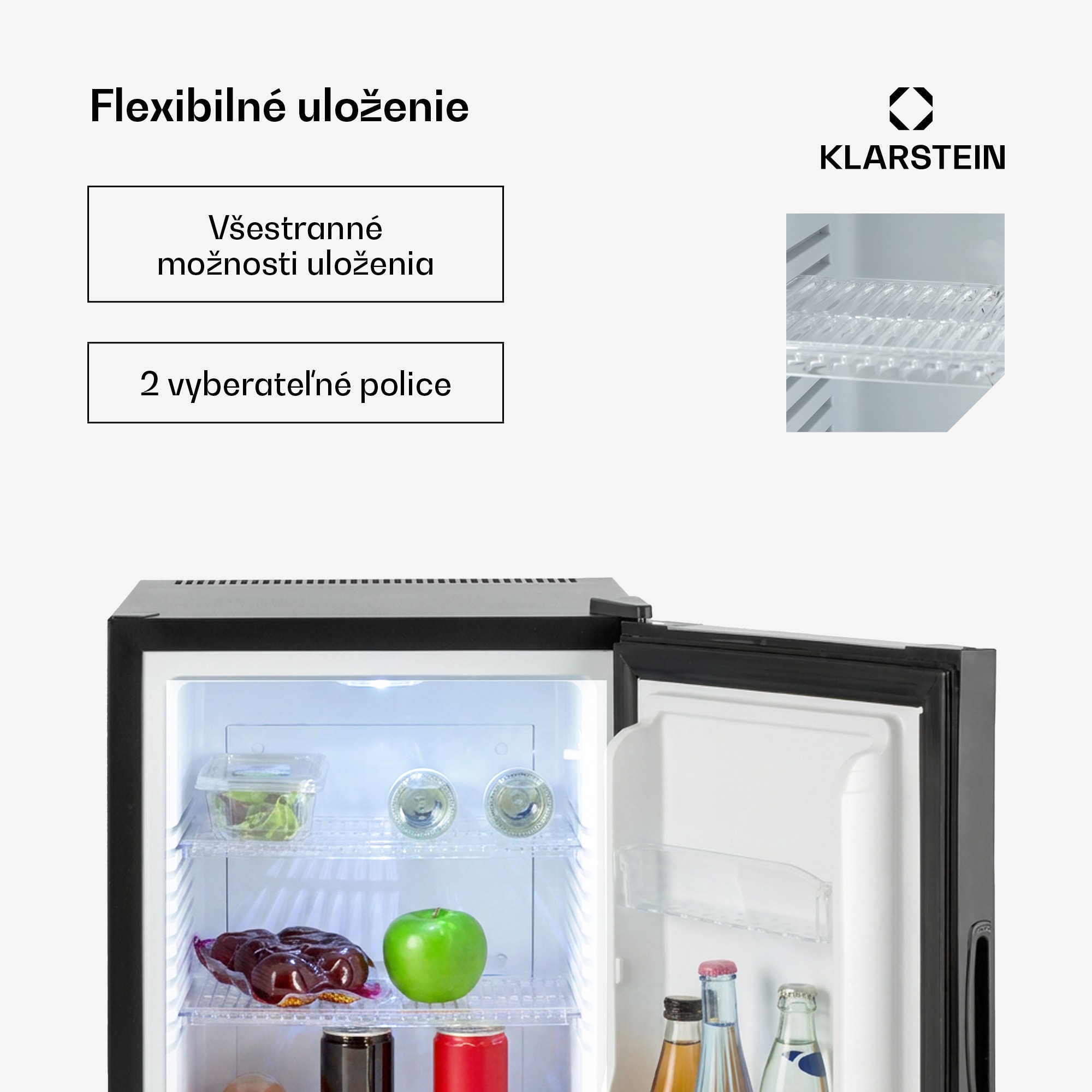 Klarstein Happy Hour, mini chladnička, 33 l, nehlučná, energet. trieda G, čierna s dekoratívnymi dverami – Obrázok 2