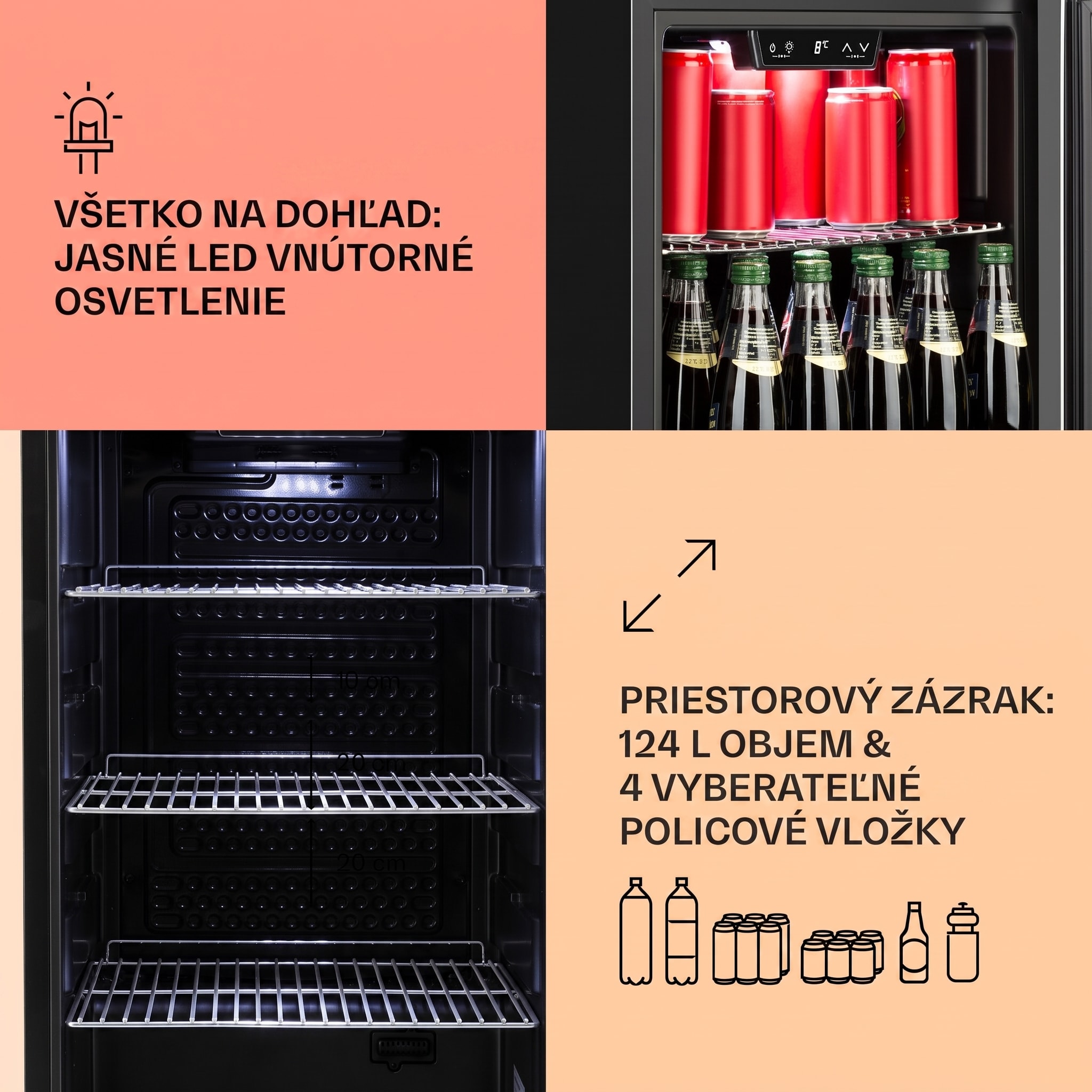 Klarstein Beersafe 4XL, chladnička, 124 l, 0-10°C, sklo, energet. trieda G, nehrdzavejúca oceľ