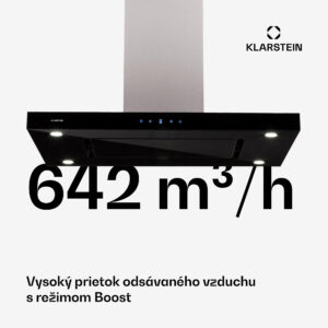 Klarstein Valeria, digestor, 90 cm, ostrovčekový, 650 m³/h, dotykový panel, LED, sklo, nehrdzavejúca oceľ, čierny