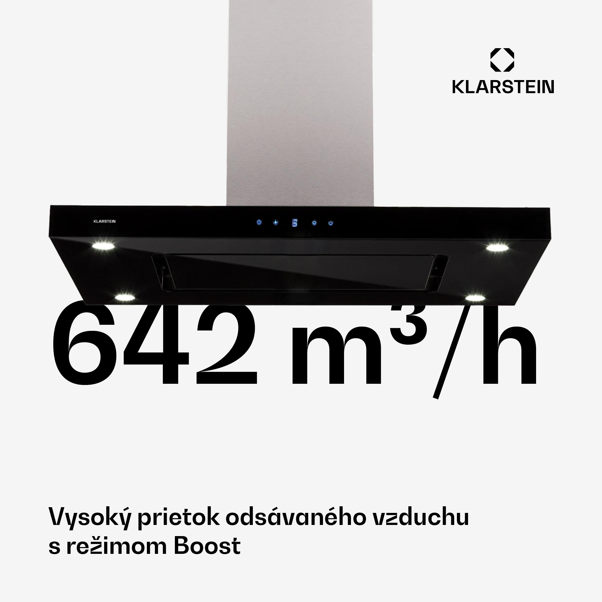 Klarstein Valeria, digestor, 90 cm, ostrovčekový, 650 m³/h, dotykový panel, LED, sklo, nehrdzavejúca oceľ, čierny