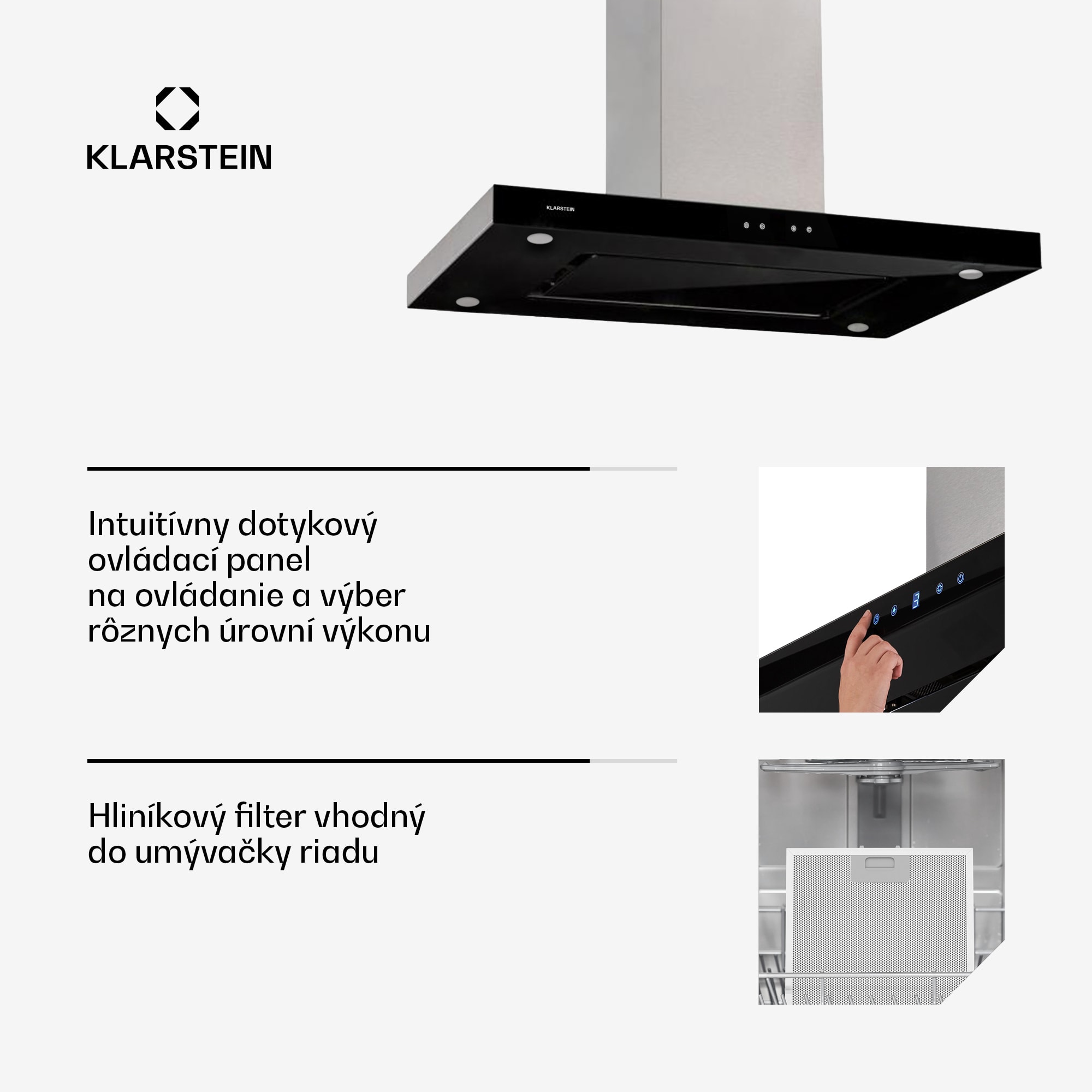Klarstein Valeria, digestor, 90 cm, ostrovčekový, 650 m³/h, dotykový panel, LED, sklo, nehrdzavejúca oceľ, čierny – Obrázok 3