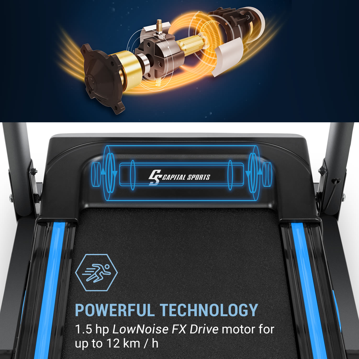 Capital Sports Pacemaker F120 Pro, bežecký pás, 4P-AntiShock Suspension, masážna stanica – Obrázok 2