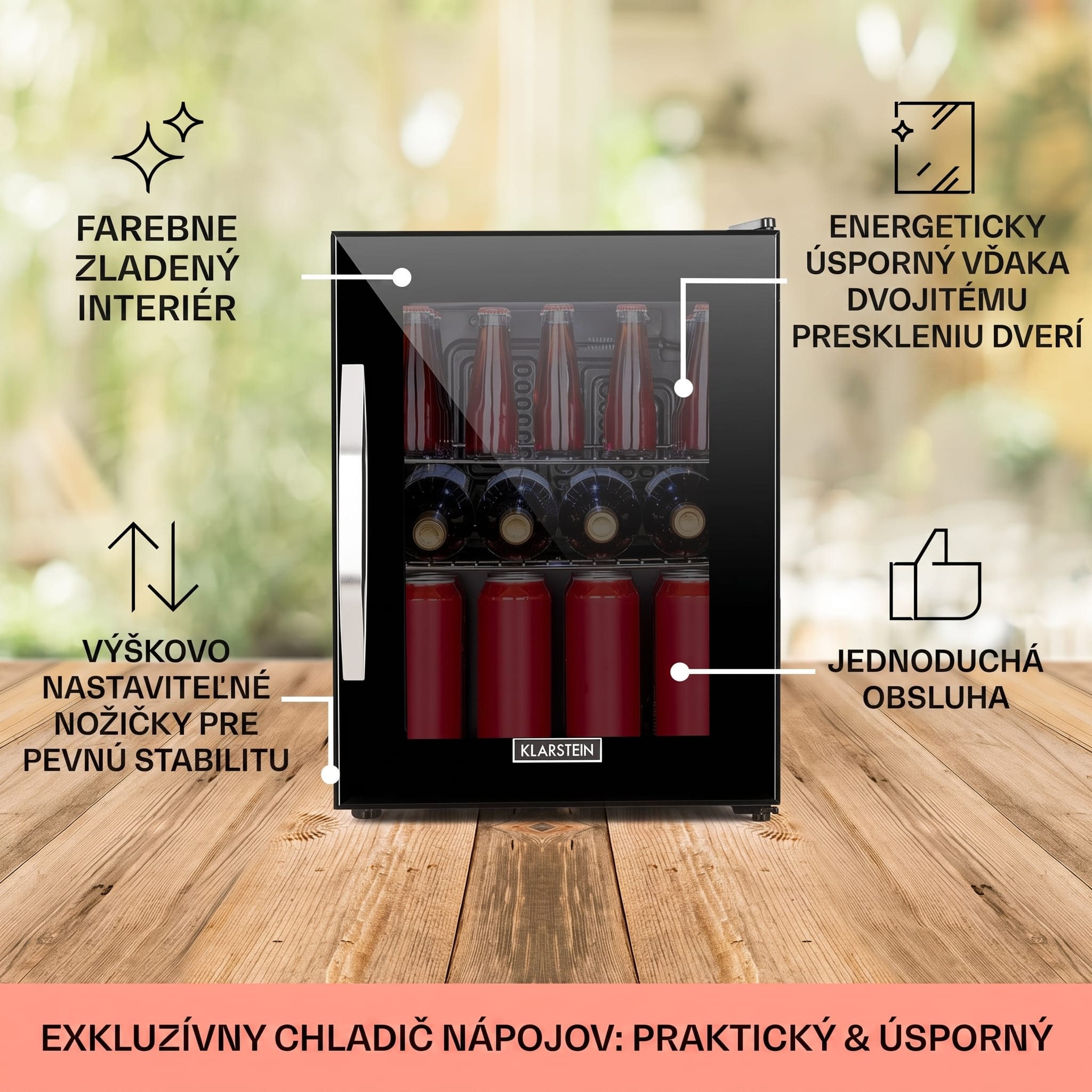 Klarstein Beersafe M Onyx, chladnička, energet. trieda C, LED, 2 kovové police, sklenené dvierka – Obrázok 2