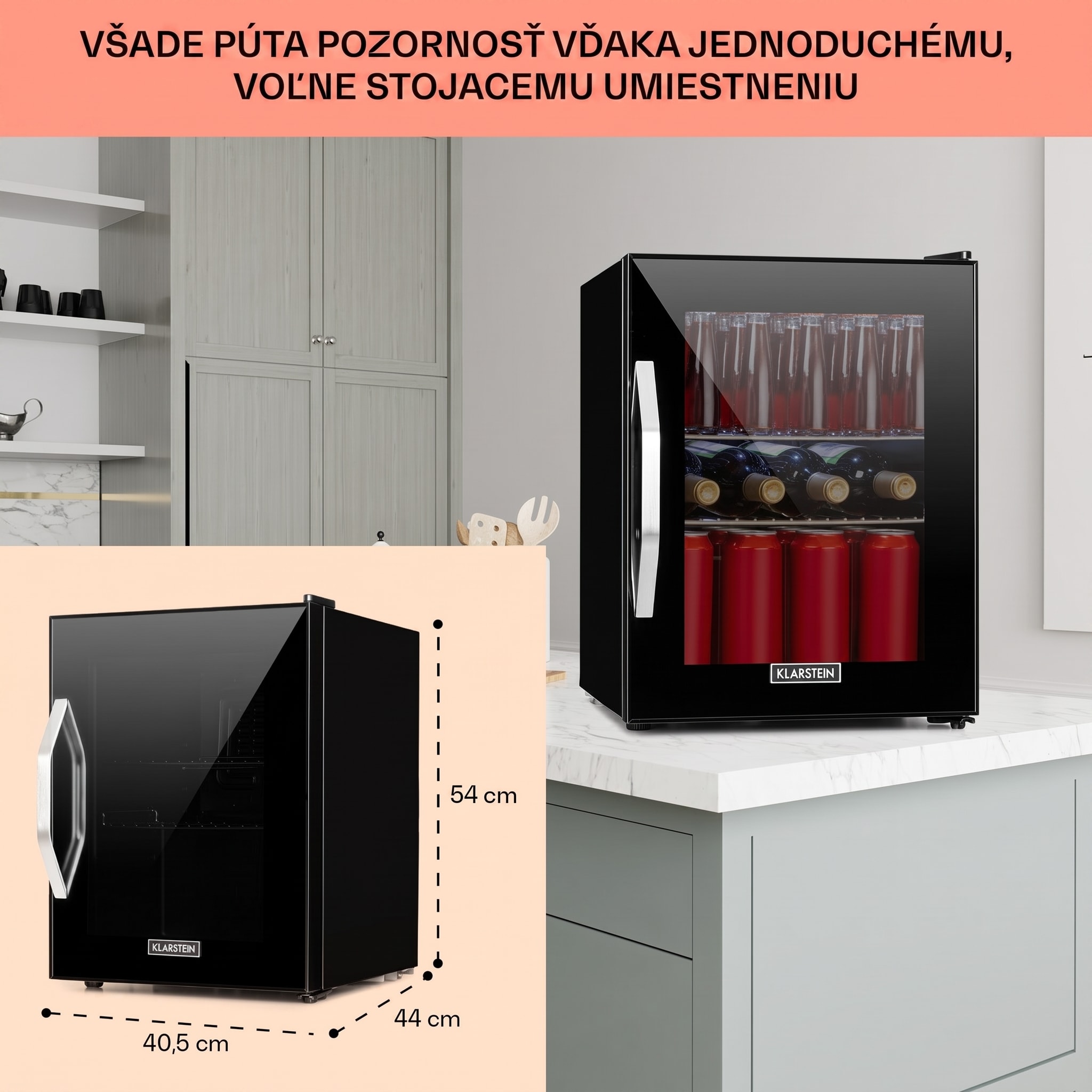 Klarstein Beersafe M Onyx, chladnička, energet. trieda C, LED, 2 kovové police, sklenené dvierka – Obrázok 3