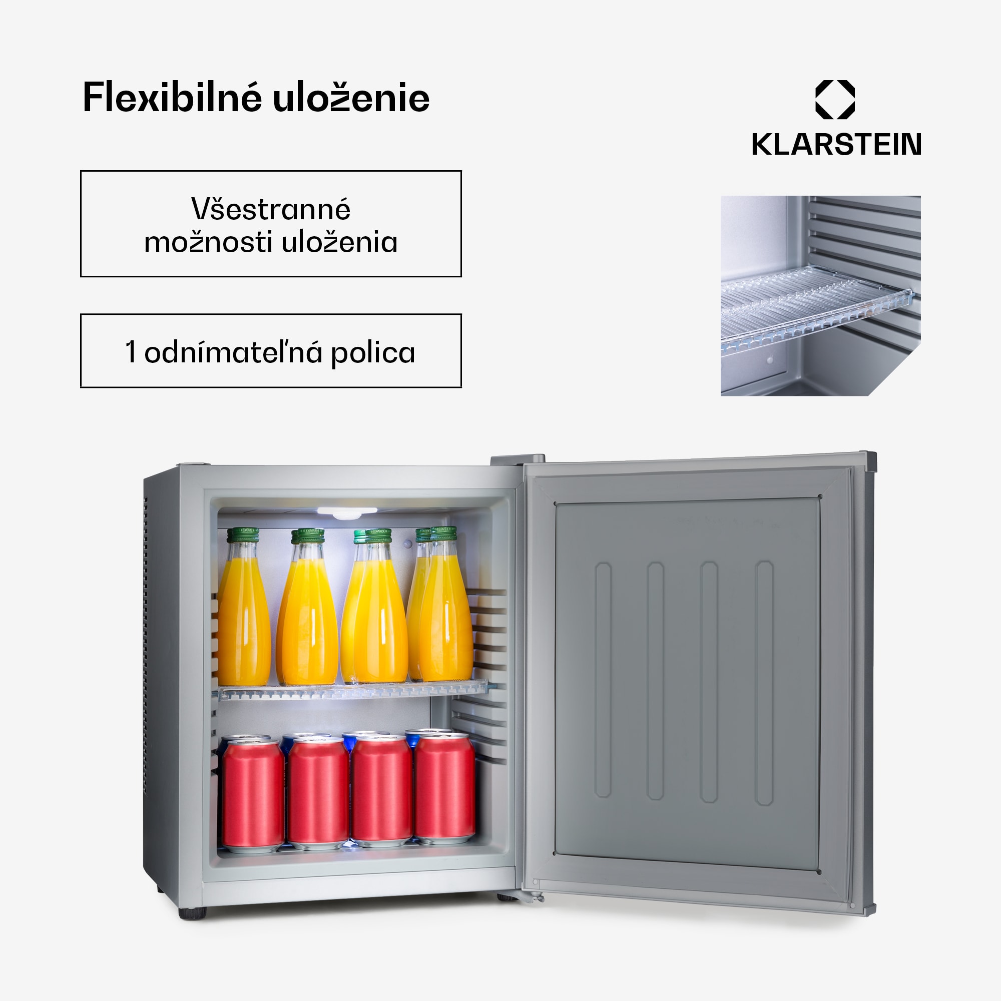 Klarstein Happy Hour 23, minibar, 23 l, 5-15°C, energet. trieda G, tichý, 23 dB, LED svetlo, strieborný – Obrázok 2