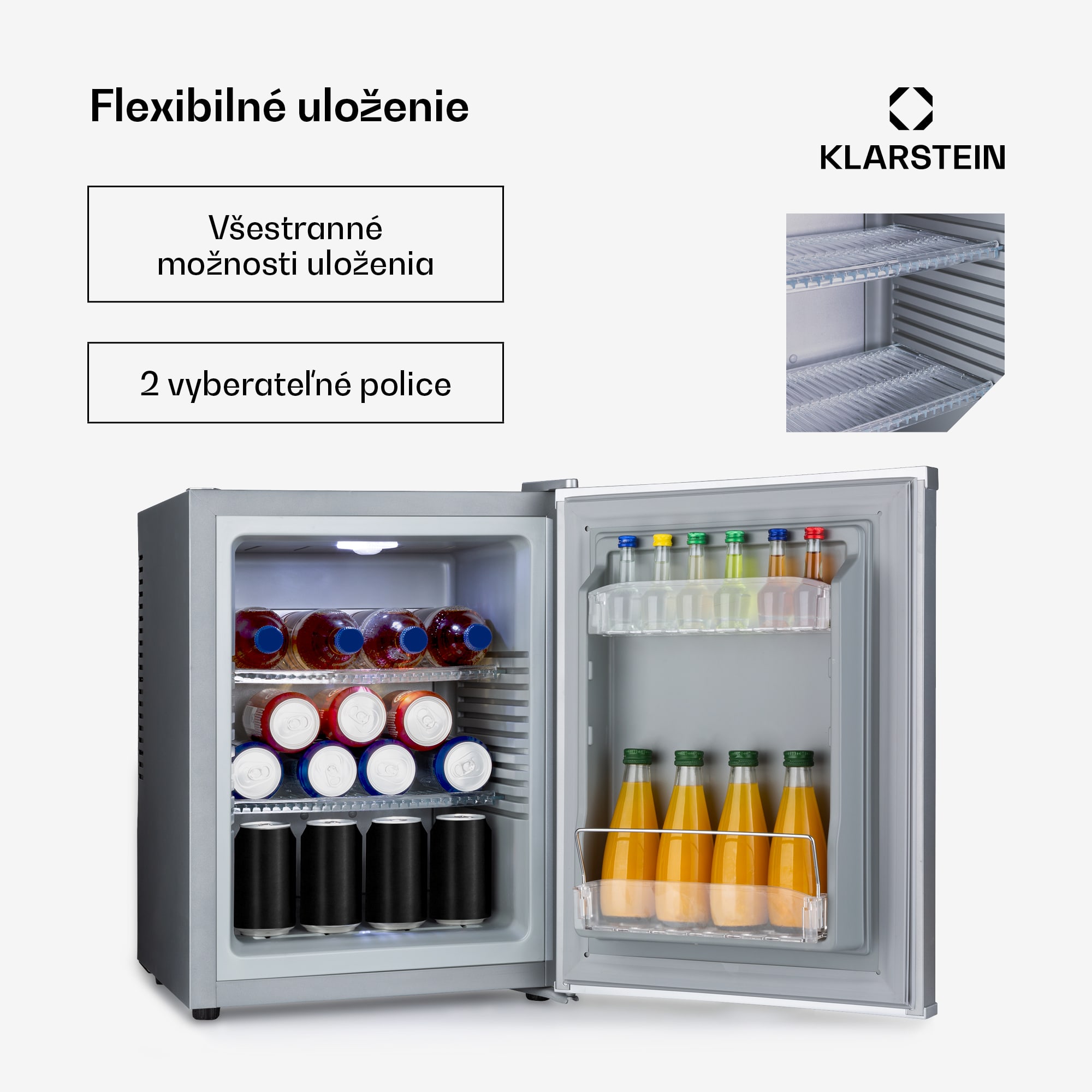 Klarstein Happy Hour 33, minibar, 33 l, 5-15°C, energet. trieda G, tichý, 25 dB, LED svetlo, strieborný – Obrázok 2