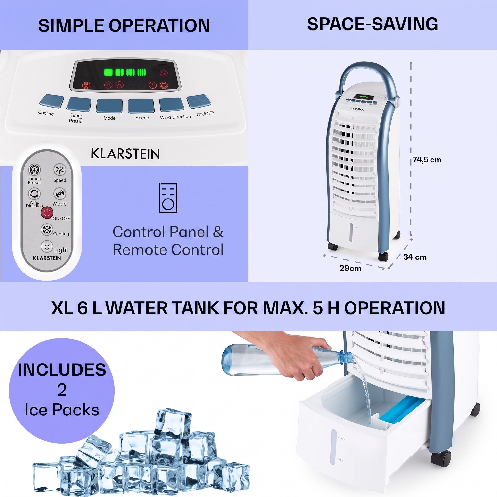 Klarstein Maxfresh, 3 v 1 ochladzovač vzduchu, ventilátor, 65 W, 6 l, diaľkový ovládač, 2 x chladiaci box – Obrázok 3