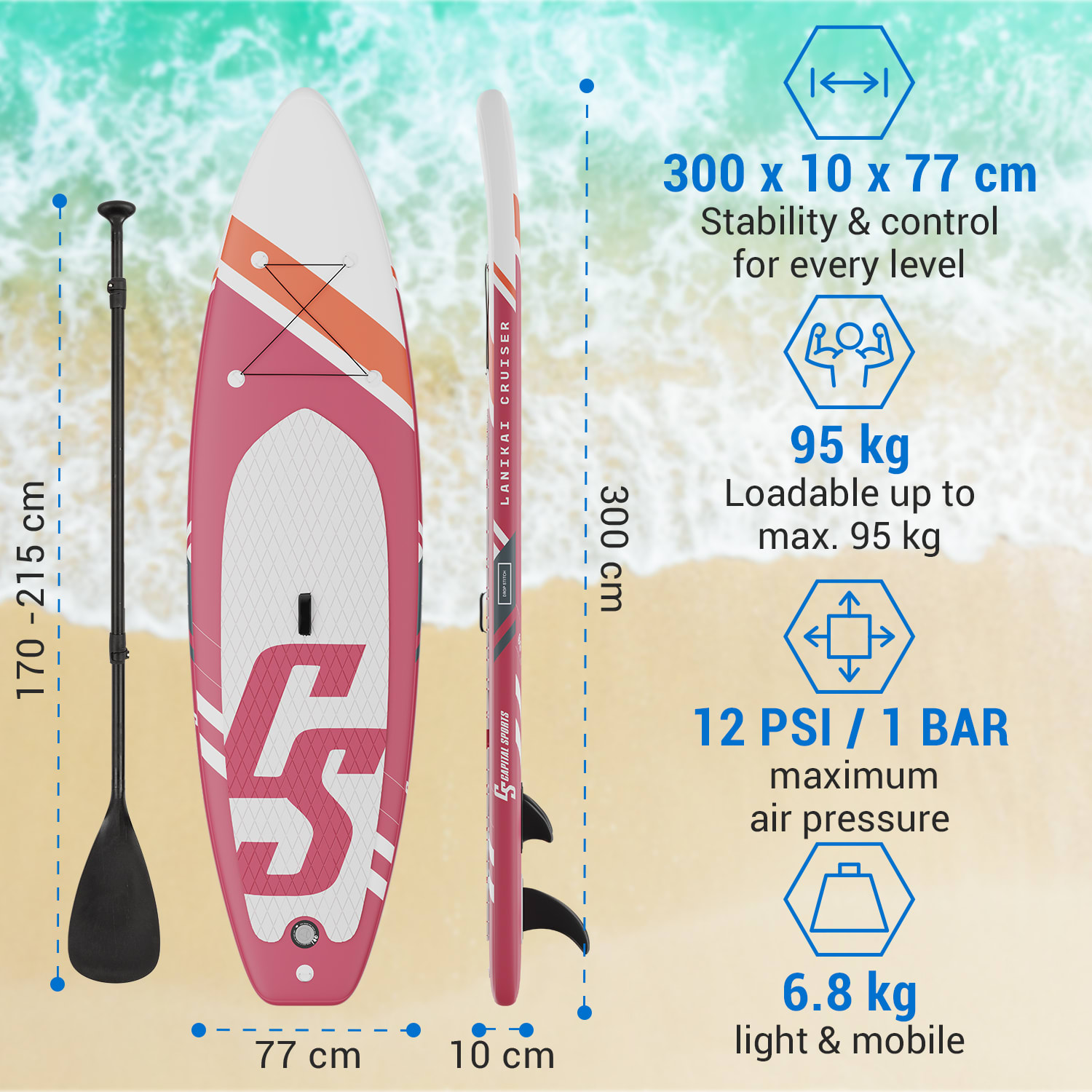 Capital Sports Lanikai Cruiser 9.8, nafukovací paddelboard, súprava so SUP doskou, 305 × 77 × 10 – Obrázok 3