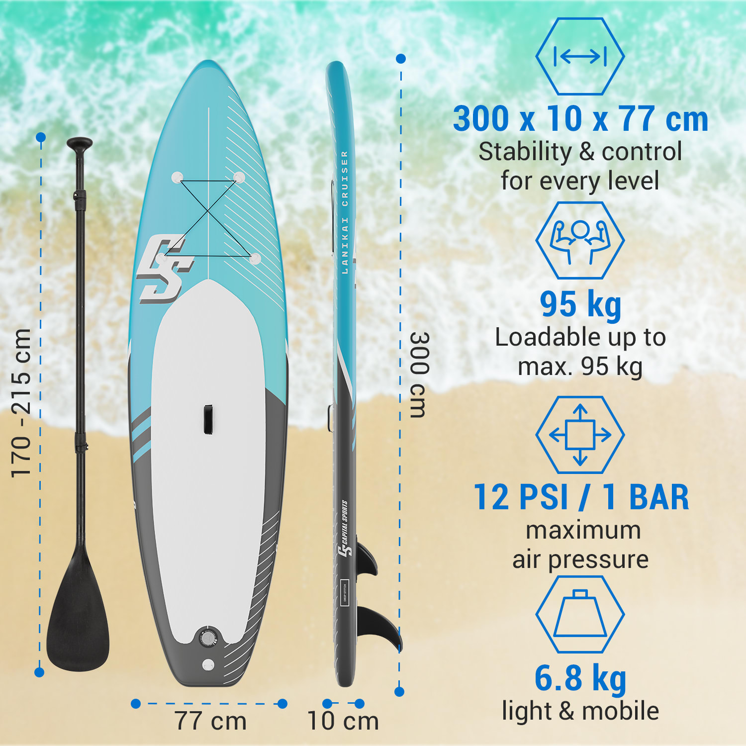 Capital Sports Lanikai Cruiser 9.8, nafukovací paddelboard, súprava so SUP doskou, 305 × 77 × 10 – Obrázok 3