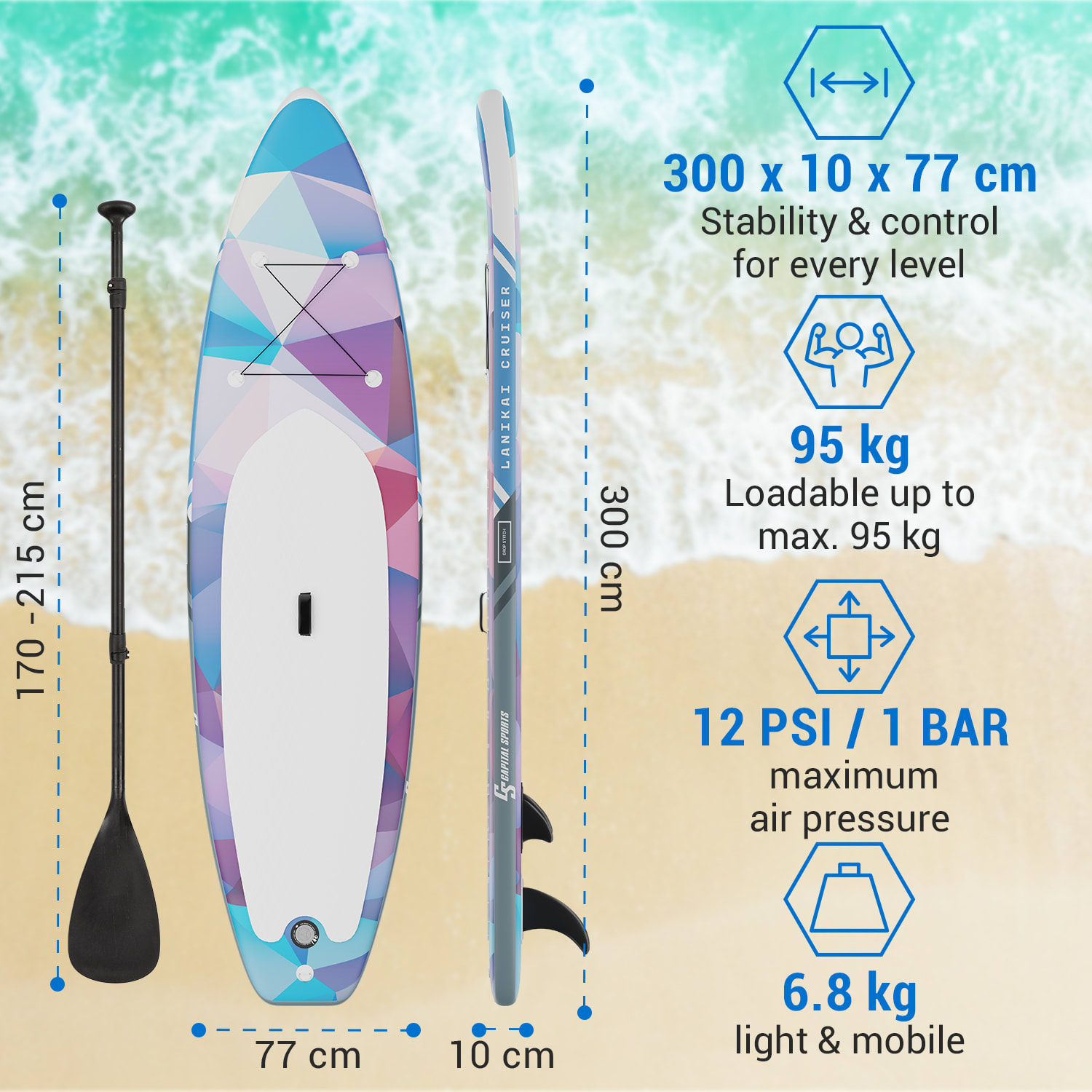 Capital Sports Lanikai Cruiser 9.8, nafukovací paddelboard, súprava so SUP doskou, 305 × 77 × 10 – Obrázok 3