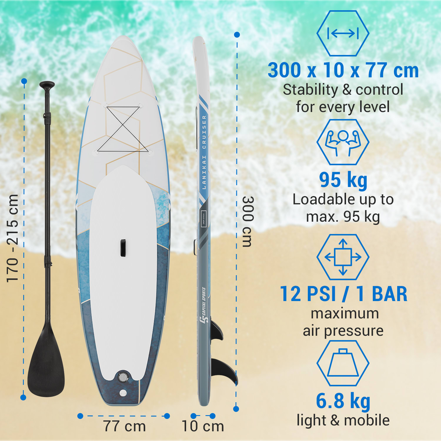 Capital Sports Lanikai Cruiser 9.8, nafukovací paddelboard, súprava so SUP doskou, 305 × 77 × 10 – Obrázok 3
