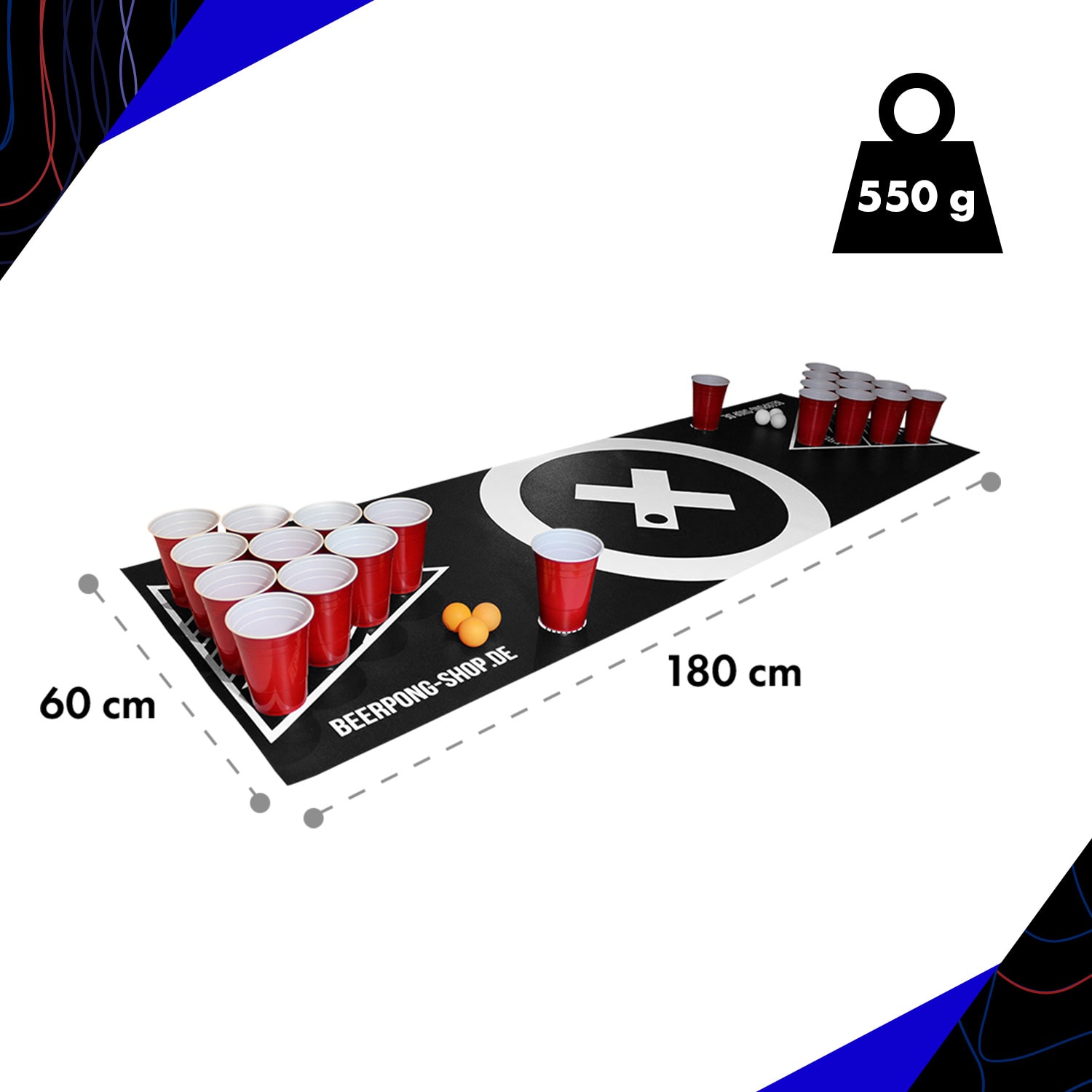 BeerCup Baseliner, podložka s hernou plochou na beer pong, audio, držadlá, držiak na loptičky, 6 loptičiek