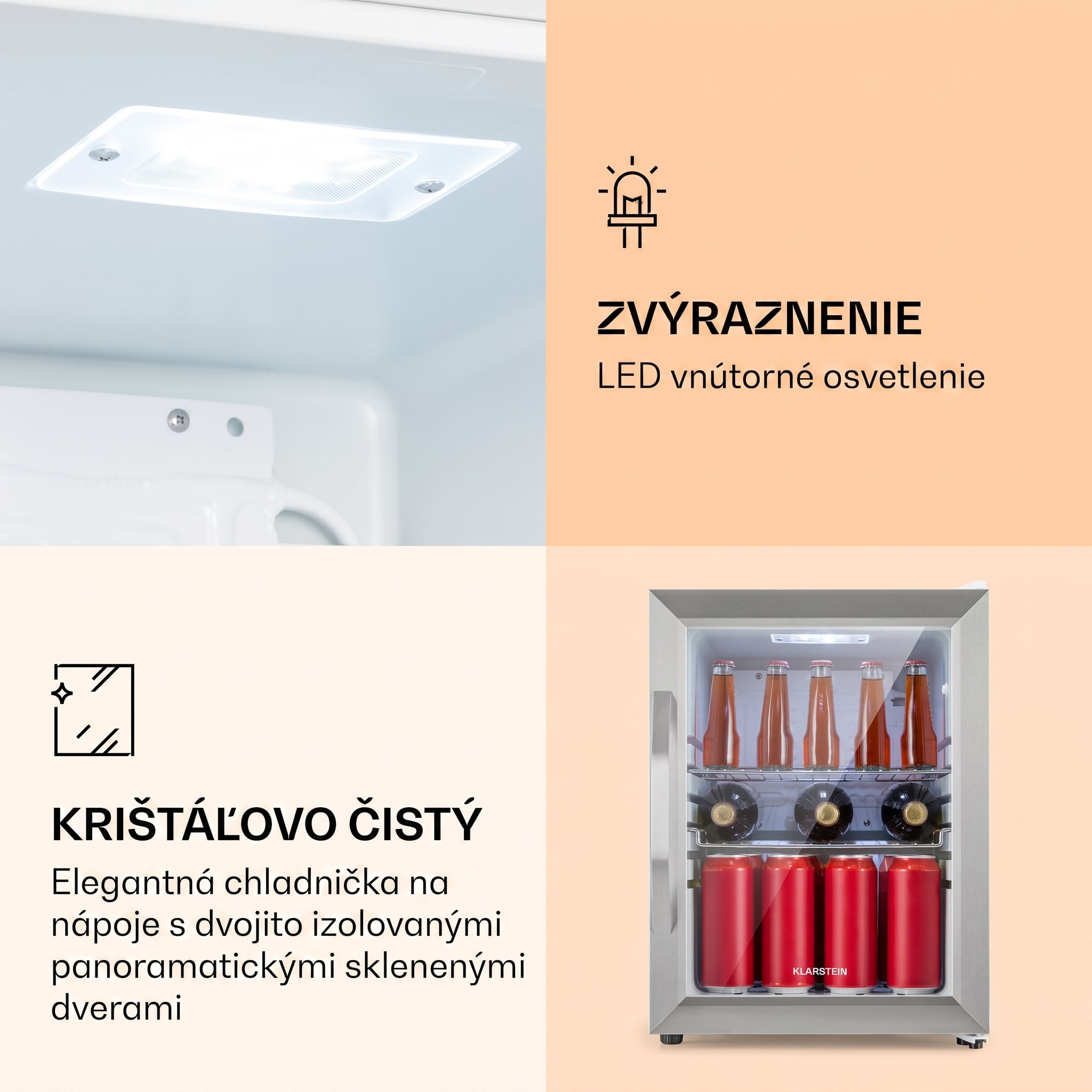 Klarstein Beersafe M Crystal White, chladnička, 33 l, 2 police, panoramatické sklenené dvierka, nehrdzavejúca oceľ