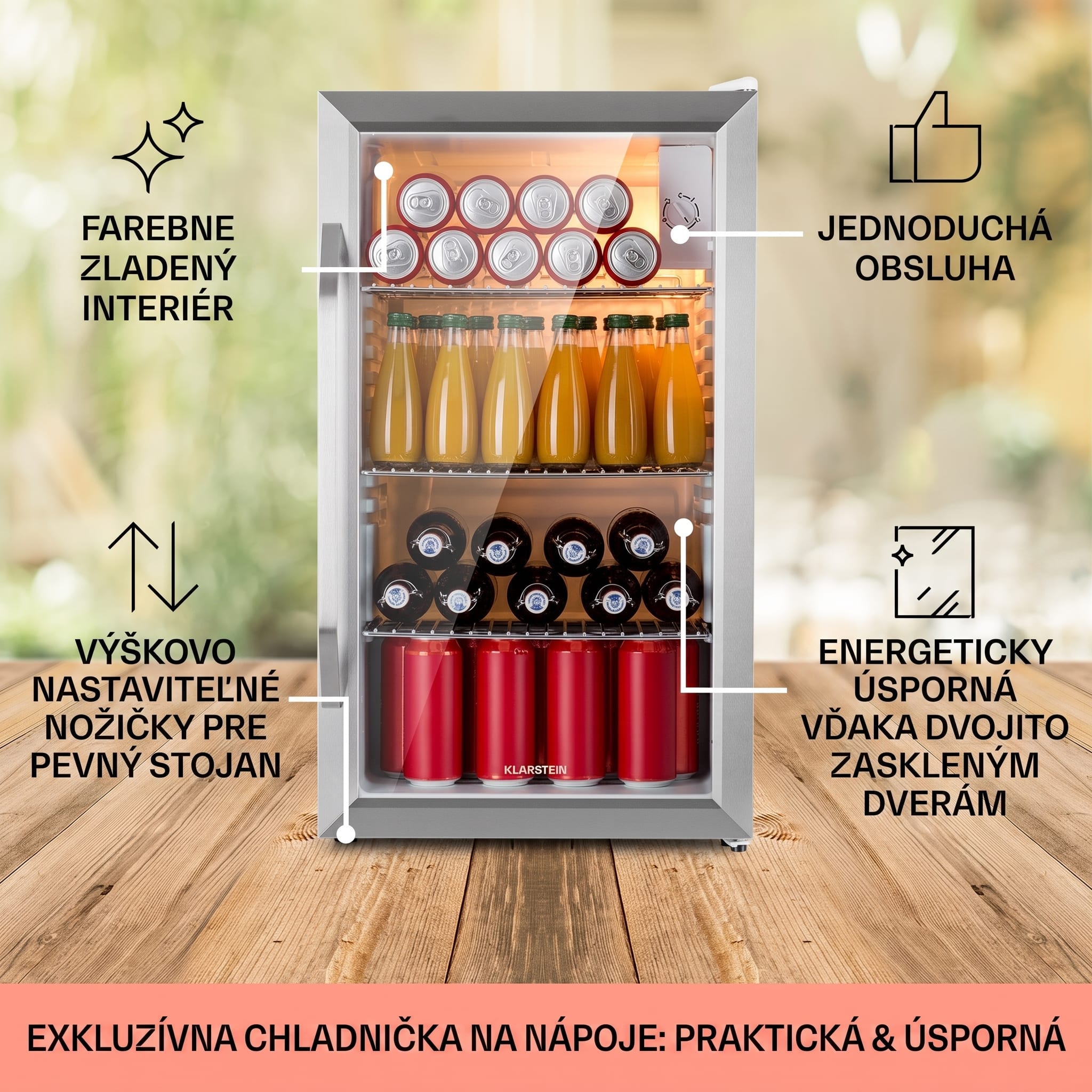 Klarstein Beersafe XXL Crystal White, chladnička, energet. trieda E, LED, 3 kovové police, panoramatické sklenené dvierka – Obrázok 2