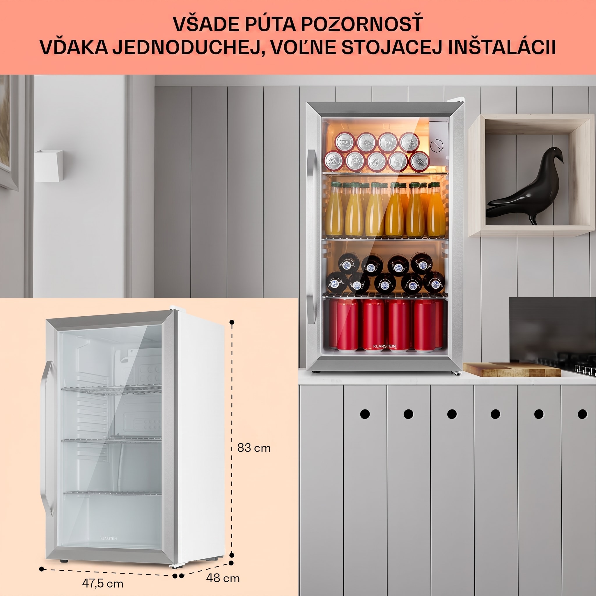 Klarstein Beersafe XXL Crystal White, chladnička, energet. trieda E, LED, 3 kovové police, panoramatické sklenené dvierka – Obrázok 3