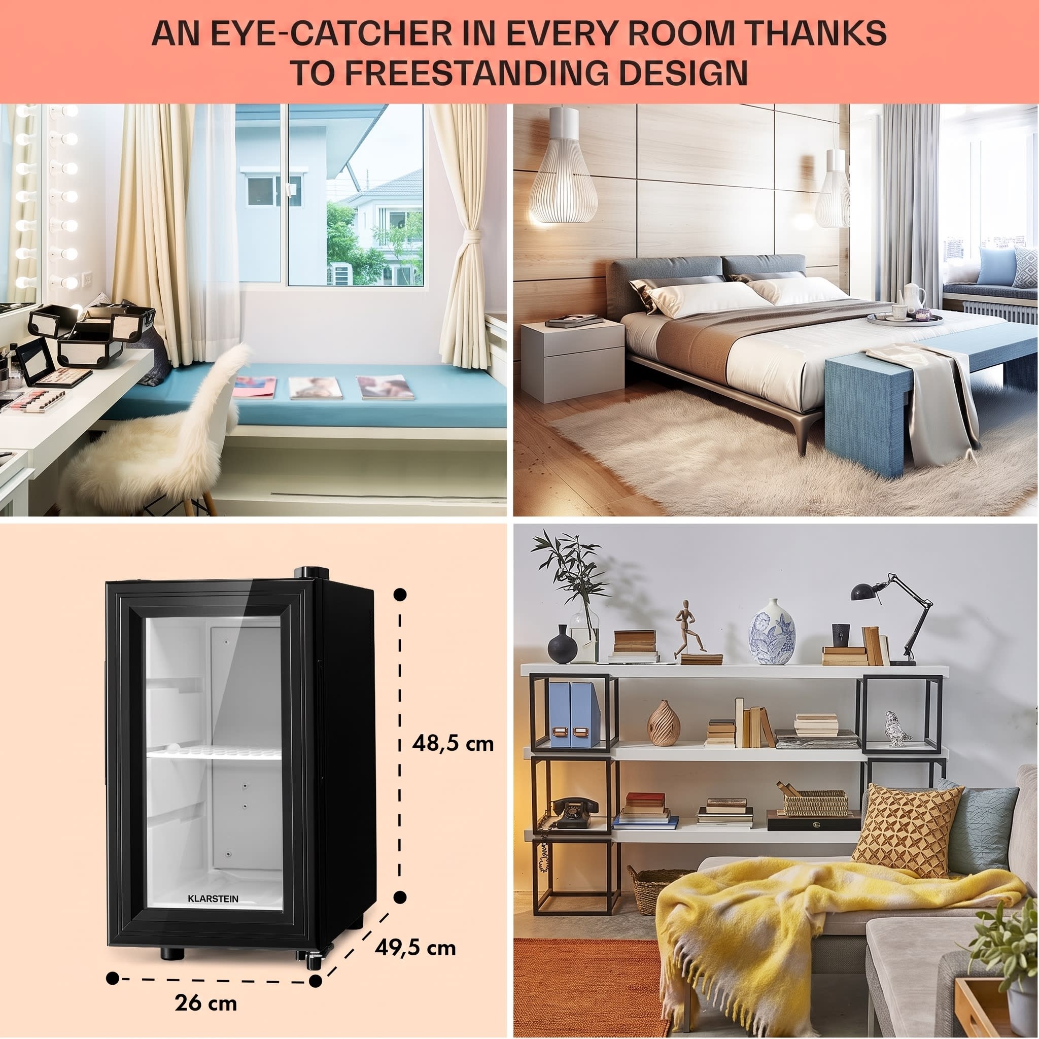 Klarstein Brooklyn 23 Slim, chladnička, LED, plastová vložka, sklenené dvierka – Obrázok 3