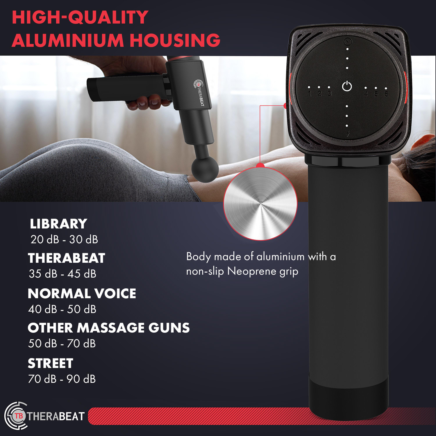 Therabeat Tofta, masážna pištoľ, neoprénová rukoväť, 220 W, 1300 - 3300 ot./min 6 úrovní 6 nástavcov – Obrázok 3