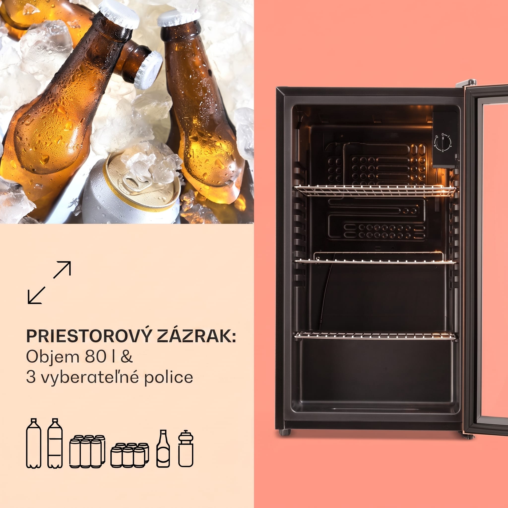 Klarstein Beersafe XXL, chladnička, 80 l, 3 police, energet. trieda E, panoramatické sklenené dvierka – Obrázok 2