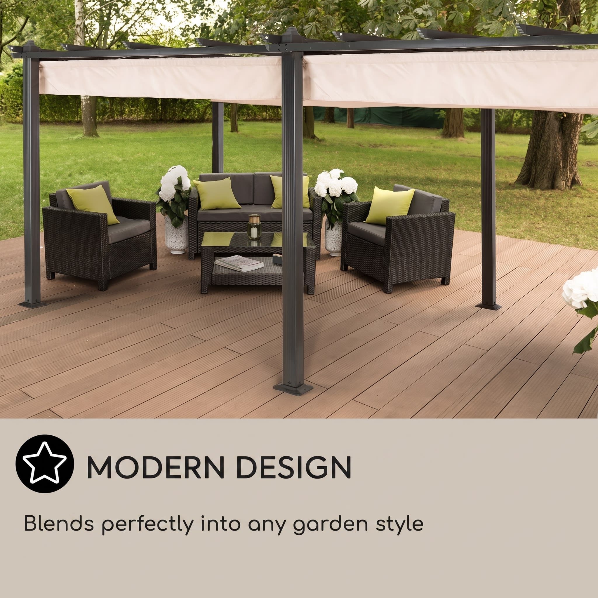 Blumfeldt Pantheon, pergola, prístrešok, 3 x 6 m, hliník, strieška proti slnku, polyester, béžová – Obrázok 3