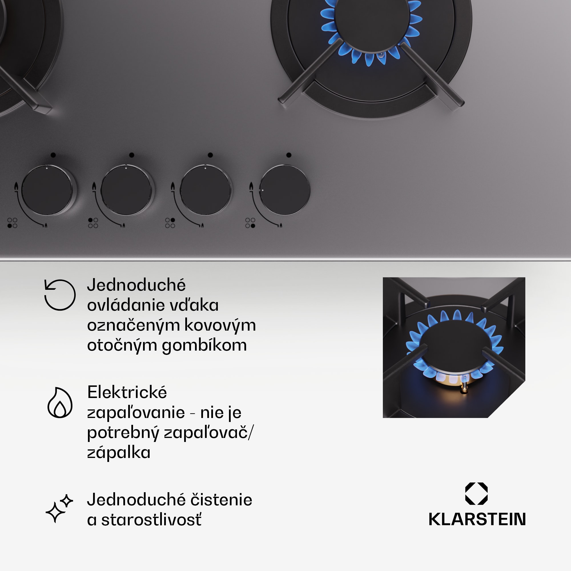 Klarstein Goldflame 4, plynová varná doska, 4 horáky, sebestačná, zemný plyn/propán, nehrdzavejúca oceľ – Obrázok 2