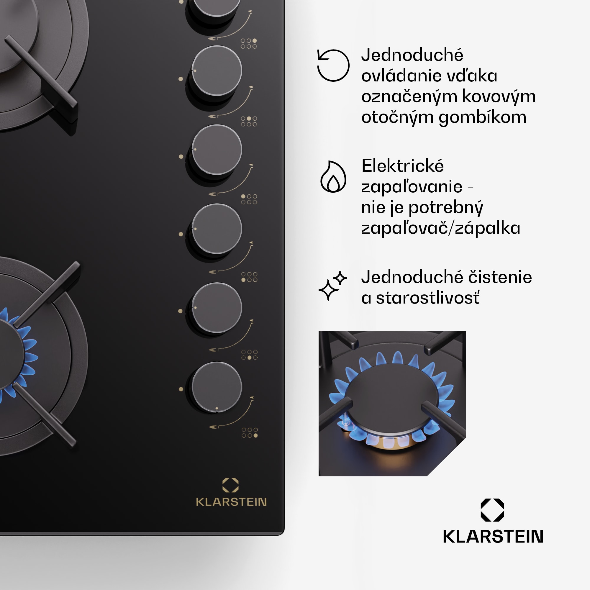 Klarstein Goldflame 6, plynová varná doska, sebestačná, 6 horákov, bočné ovládanie, plyn/propán, sklokeramika, čierna – Obrázok 2