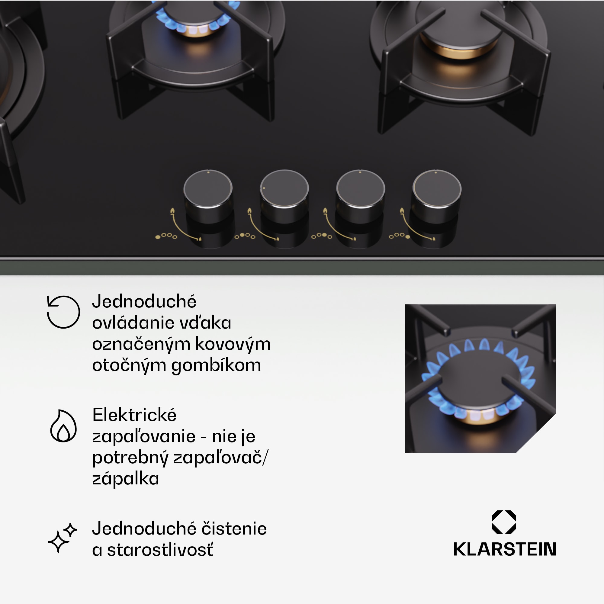 Klarstein Goldflame 4 Slim, plynová varná doska, 4 horáky, sebestačná, zemný plyn/propán, nehrdzavejúca oceľ – Obrázok 2