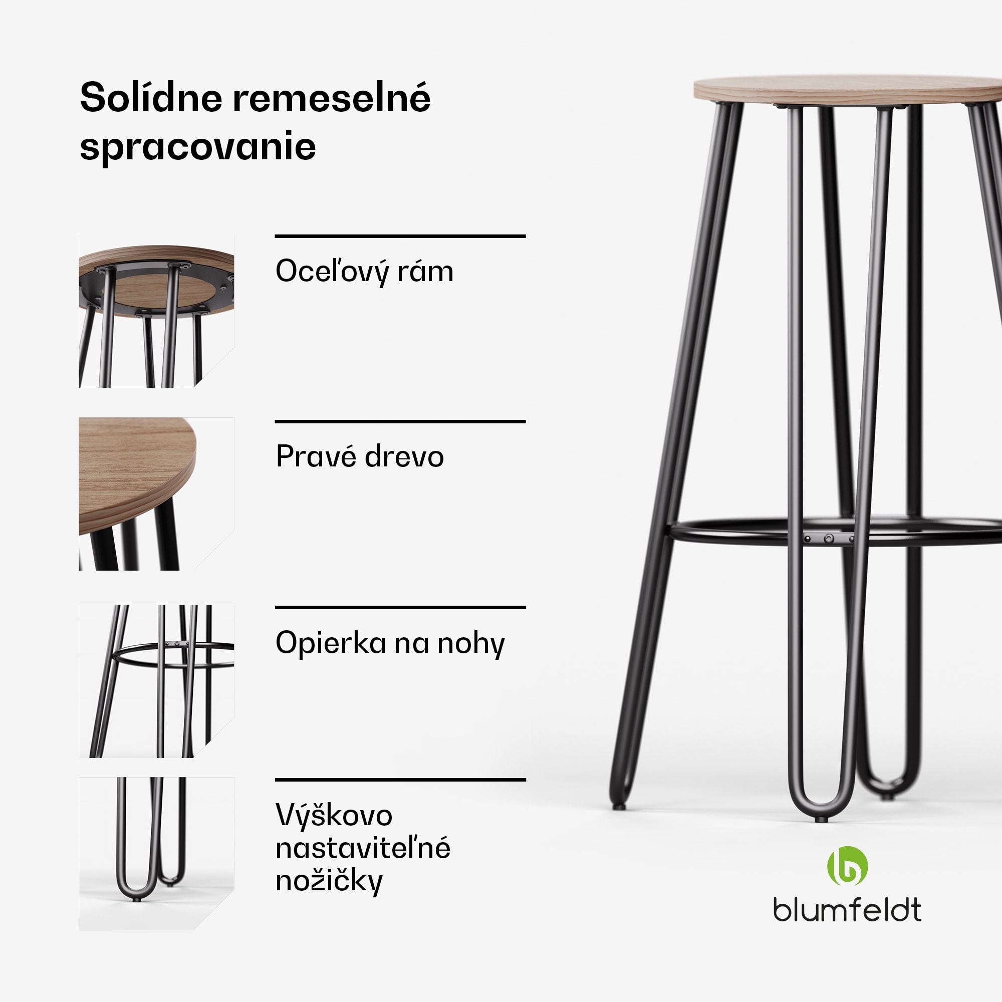 Blumfeldt Bistro stolička Hamilton 1 ks. Ø33cm Drevený oceľový rám