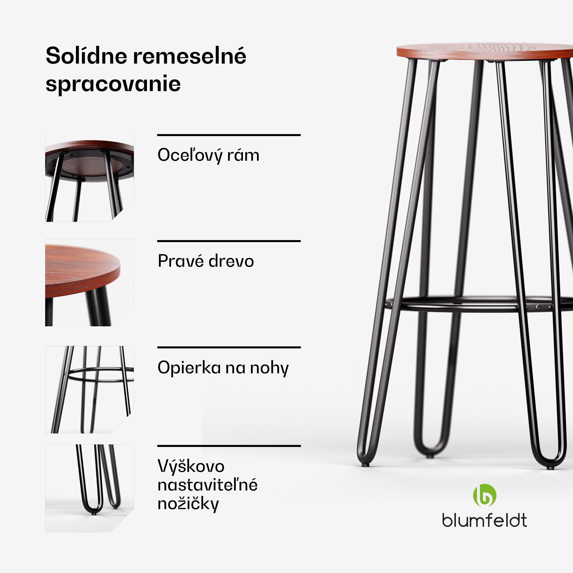 Blumfeldt Bistro stolička Hamilton 1 ks. Drevený oceľový rám Ø 33 cm