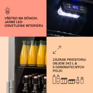 Klarstein Beersafe 7XL, chladnička, 242 l, 5 políc, panoramatické sklenené dvere, nehrdzavejúca oceľ