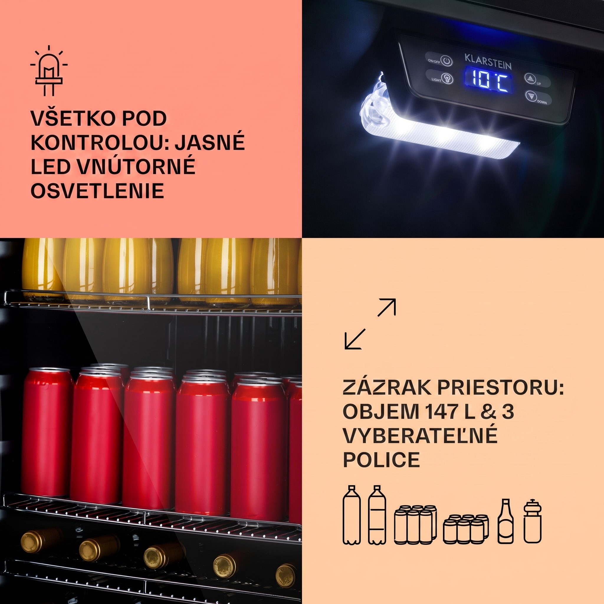 Klarstein Beersafe 5XL, chladnička, 147 l, 3 police, panoramatické sklenené dvere, nehrdzavejúca oceľ