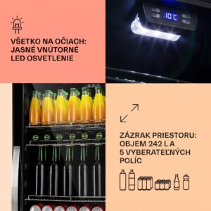 Klarstein Beersafe 7XL, chladnička, 242 l, 5 políc, panoramatické sklenené dvere, nehrdzavejúca oceľ