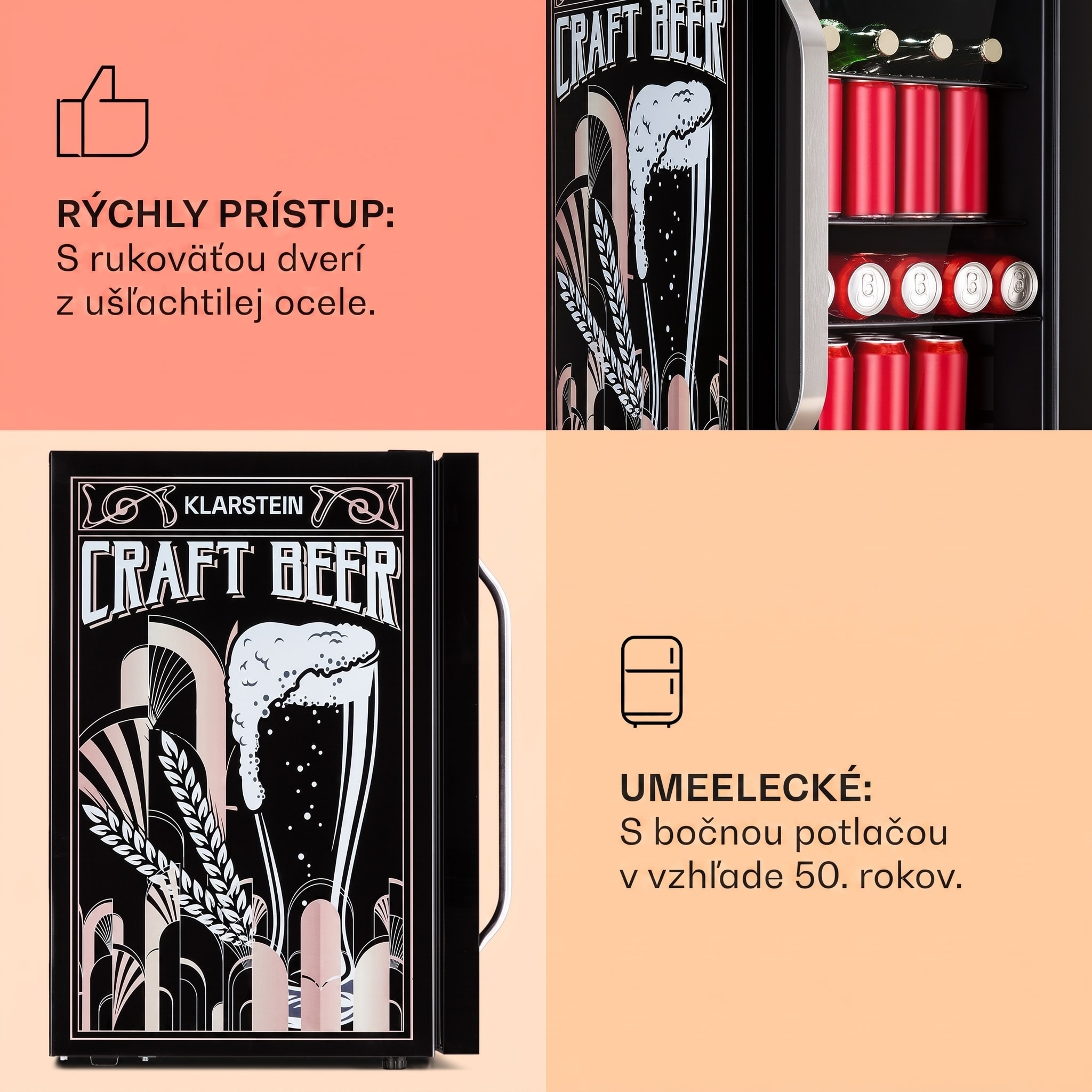 Klarstein Beersafe 70 Craft Beer Edition, chladnička, 70 litrov, sklenené dvere, nehrdzavejúca oceľ