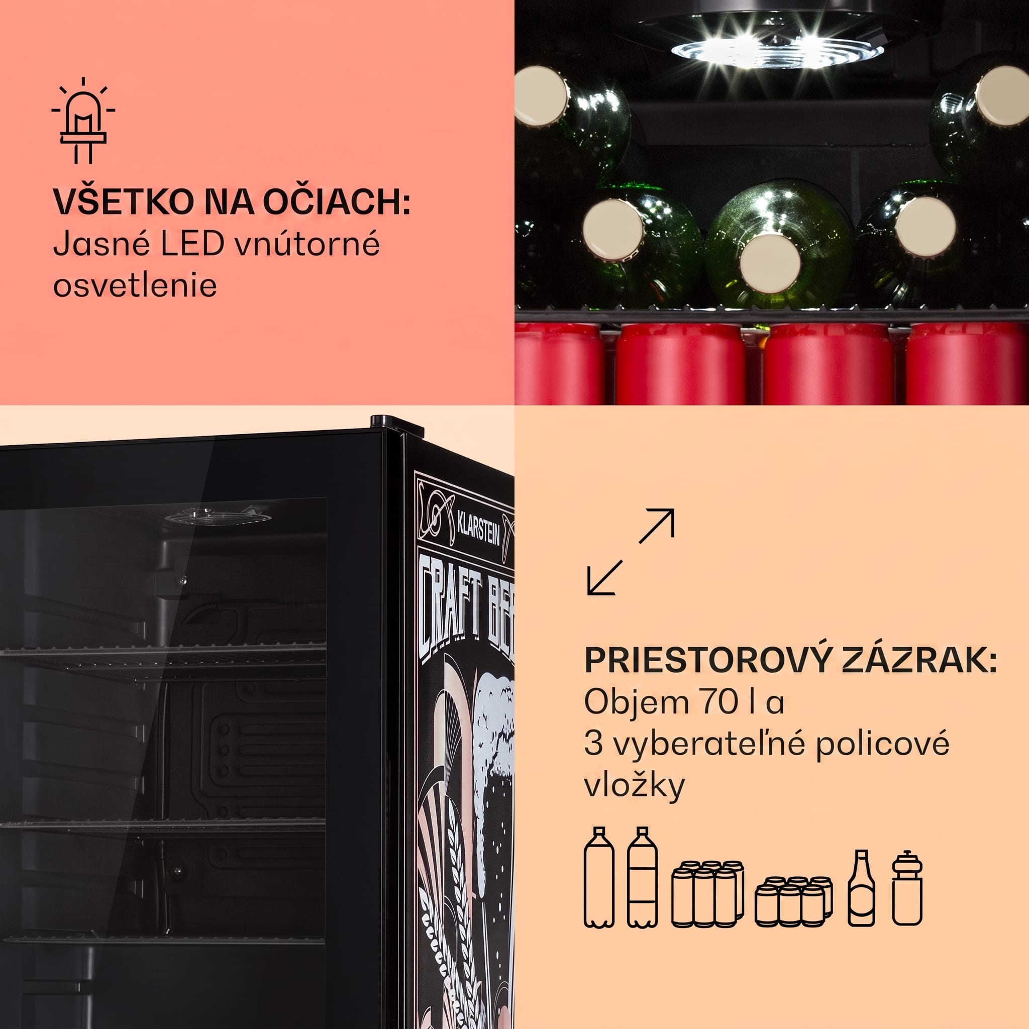Klarstein Beersafe 70 Craft Beer Edition, chladnička, 70 litrov, sklenené dvere, nehrdzavejúca oceľ – Obrázok 2