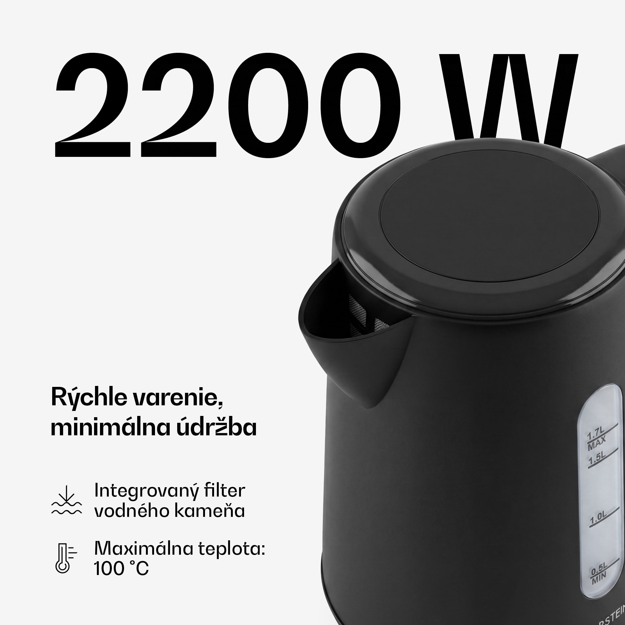 Klarstein Velaire rýchlovarná kanvica | 1,7 litra | 2200 W | Základňa otočná o 360° | Moderný, minimalistický dizajn – Obrázok 2