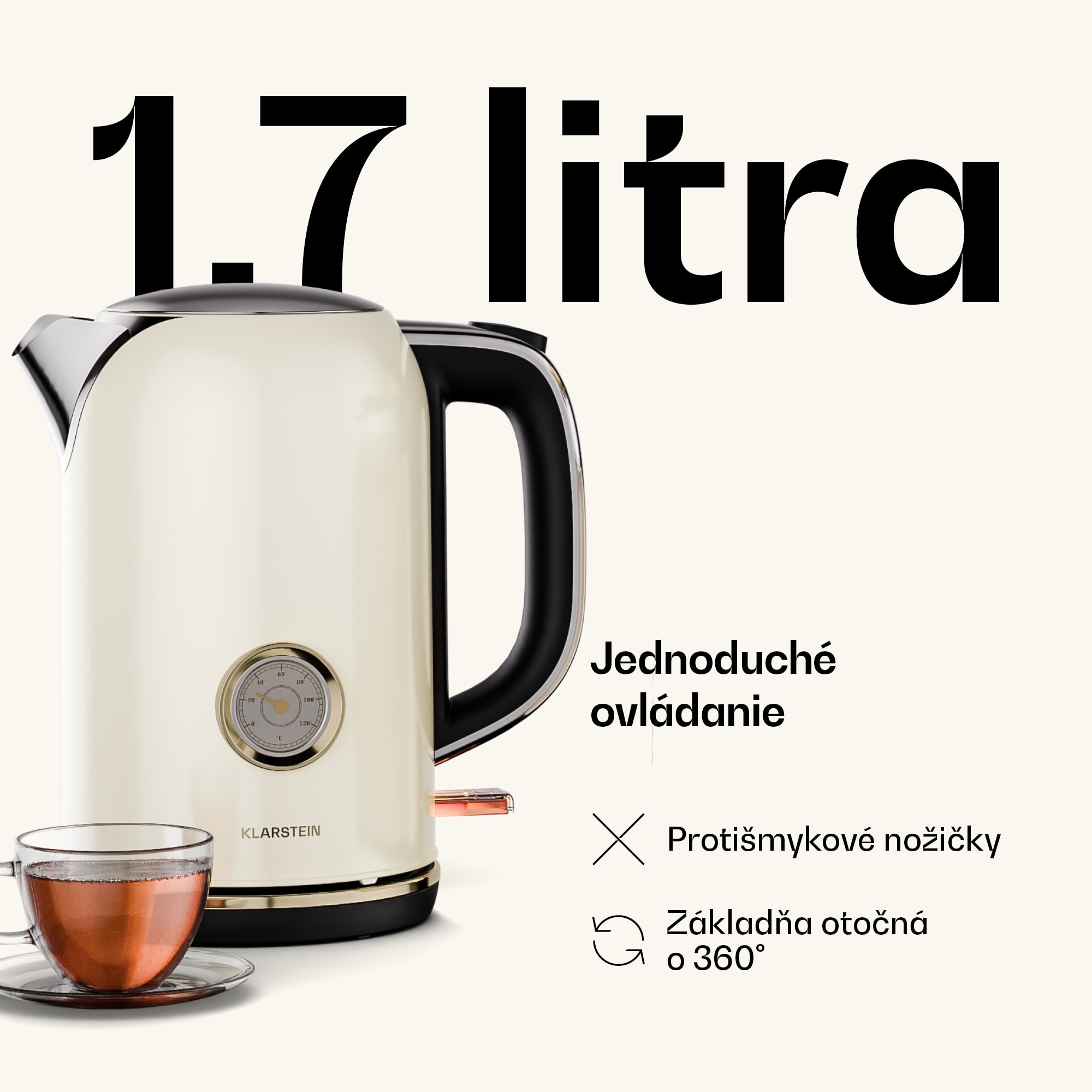 Klarstein Victoria rýchlovarná kanvica | 1,7 litra | 2200 W | Základňa otočná o 360° | Nadčasový dizajn