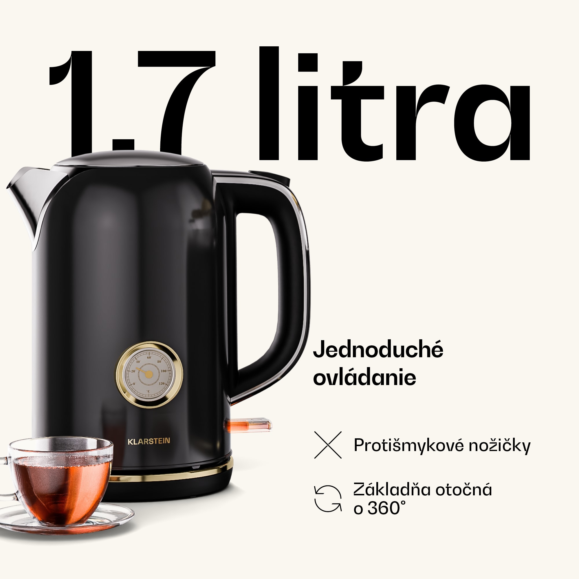 Klarstein Victoria rýchlovarná kanvica | 1,7 litra | 2200 W | Základňa otočná o 360° | Nadčasový dizajn